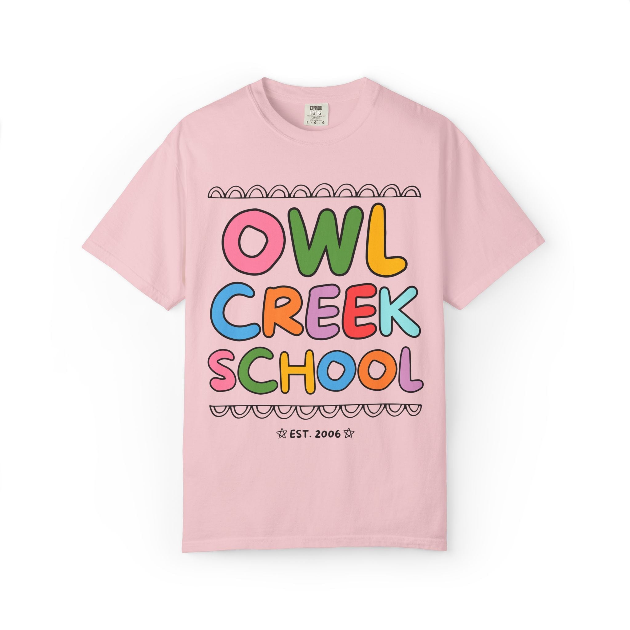 Owl Creek Elementary School Tee Shirt: Rainbow Letters - Opal and June