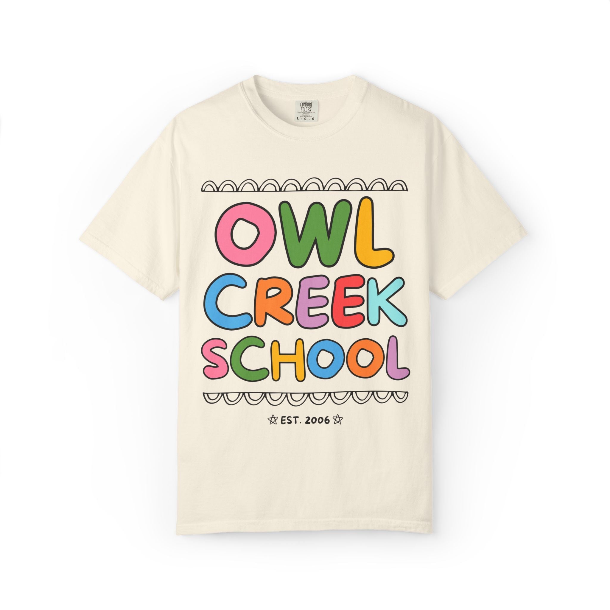 Owl Creek Elementary School Tee Shirt: Rainbow Letters - Opal and June