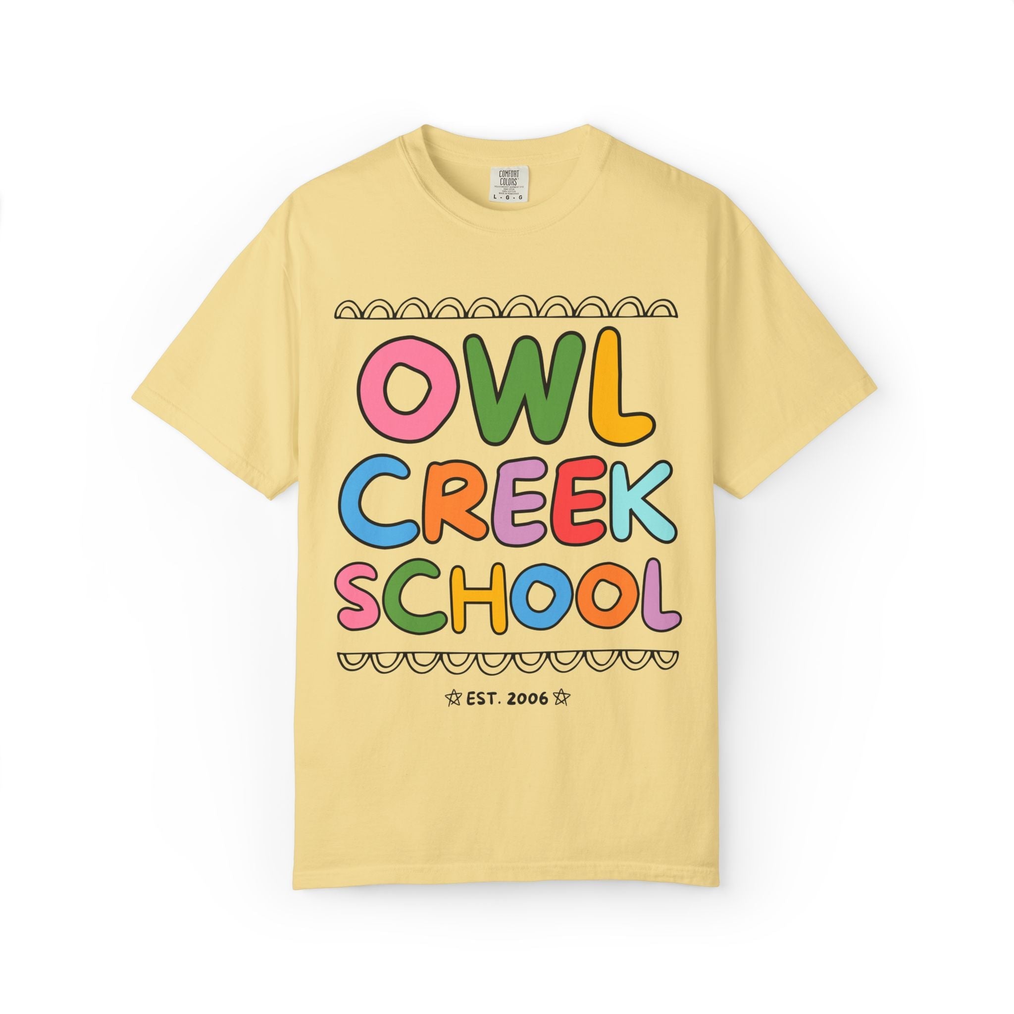 Owl Creek Elementary School Tee Shirt: Rainbow Letters - Opal and June
