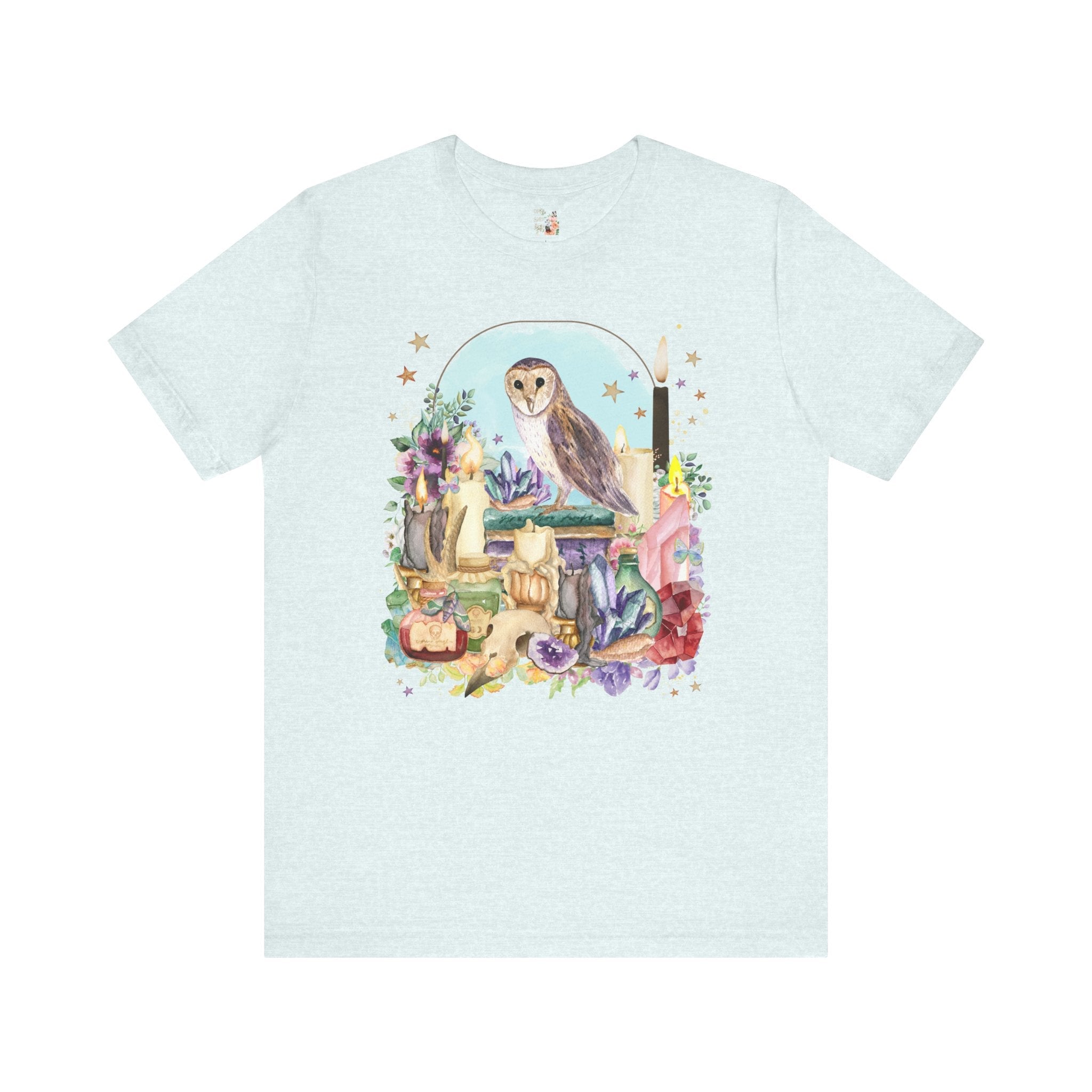 Owl Tee Shirt of Watercolor Owl with Books and Candles, Flowers | Floral Owl T-Shirt with Spooky Owl, Spooky Halloween Tee Shirt, Fall Tee - Opal and June