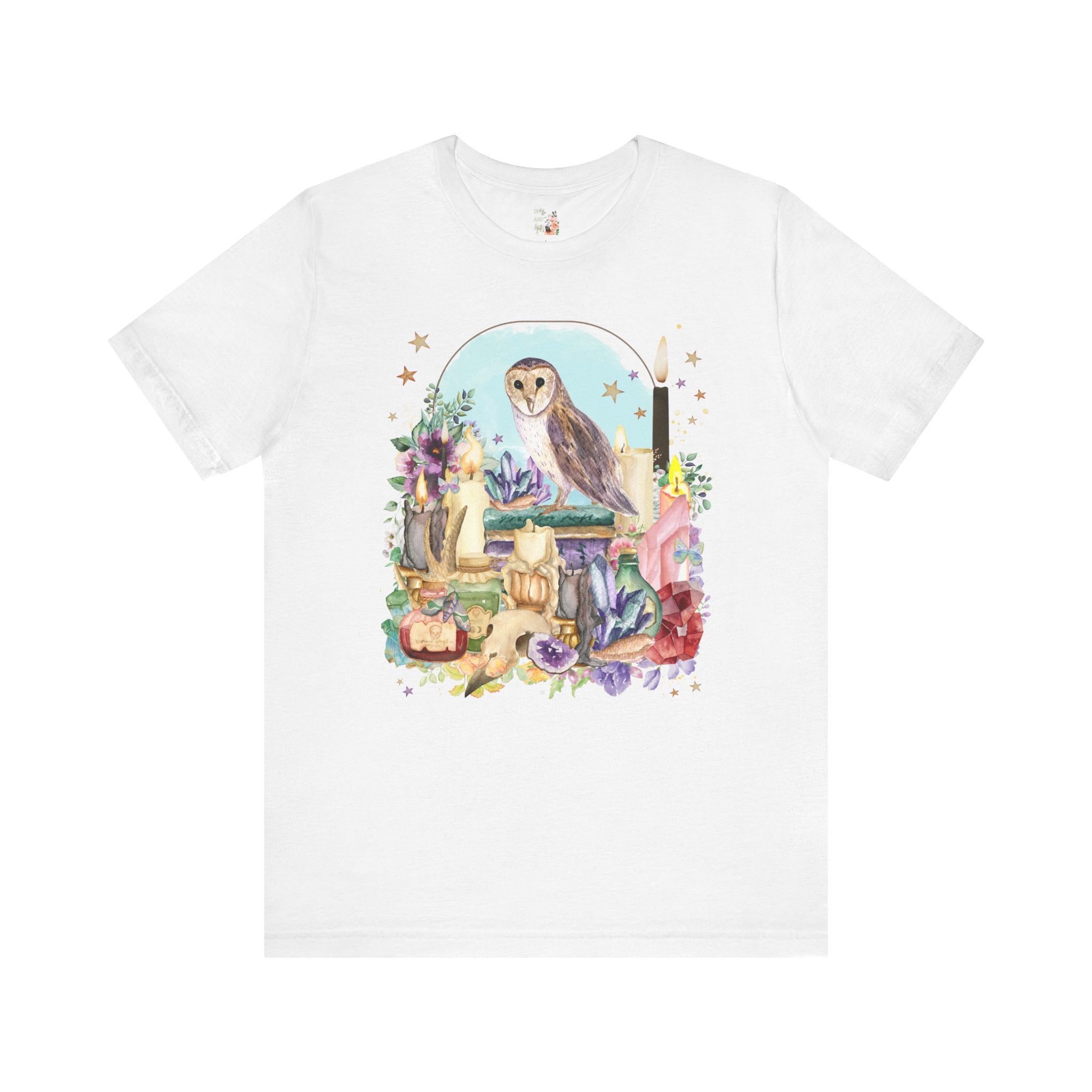 Owl Tee Shirt of Watercolor Owl with Books and Candles, Flowers | Floral Owl T-Shirt with Spooky Owl, Spooky Halloween Tee Shirt, Fall Tee - Opal and June