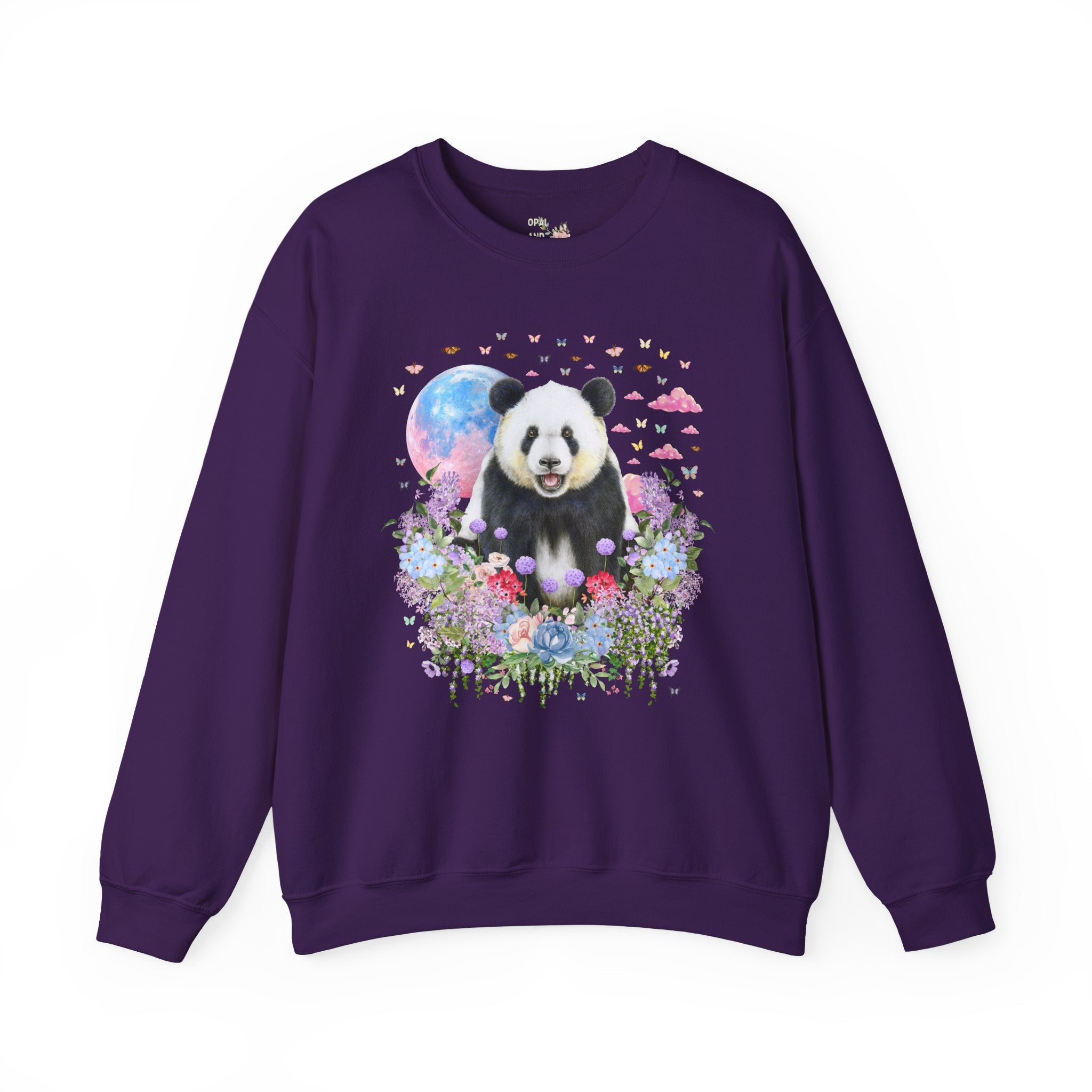 Panda Animal Lover Sweatshirt with Butterflies and Flowers: Retro Goblincore Crewneck with Colorful Moon, Silly 90s Throwback Shirt for Zoologist - Opal and June