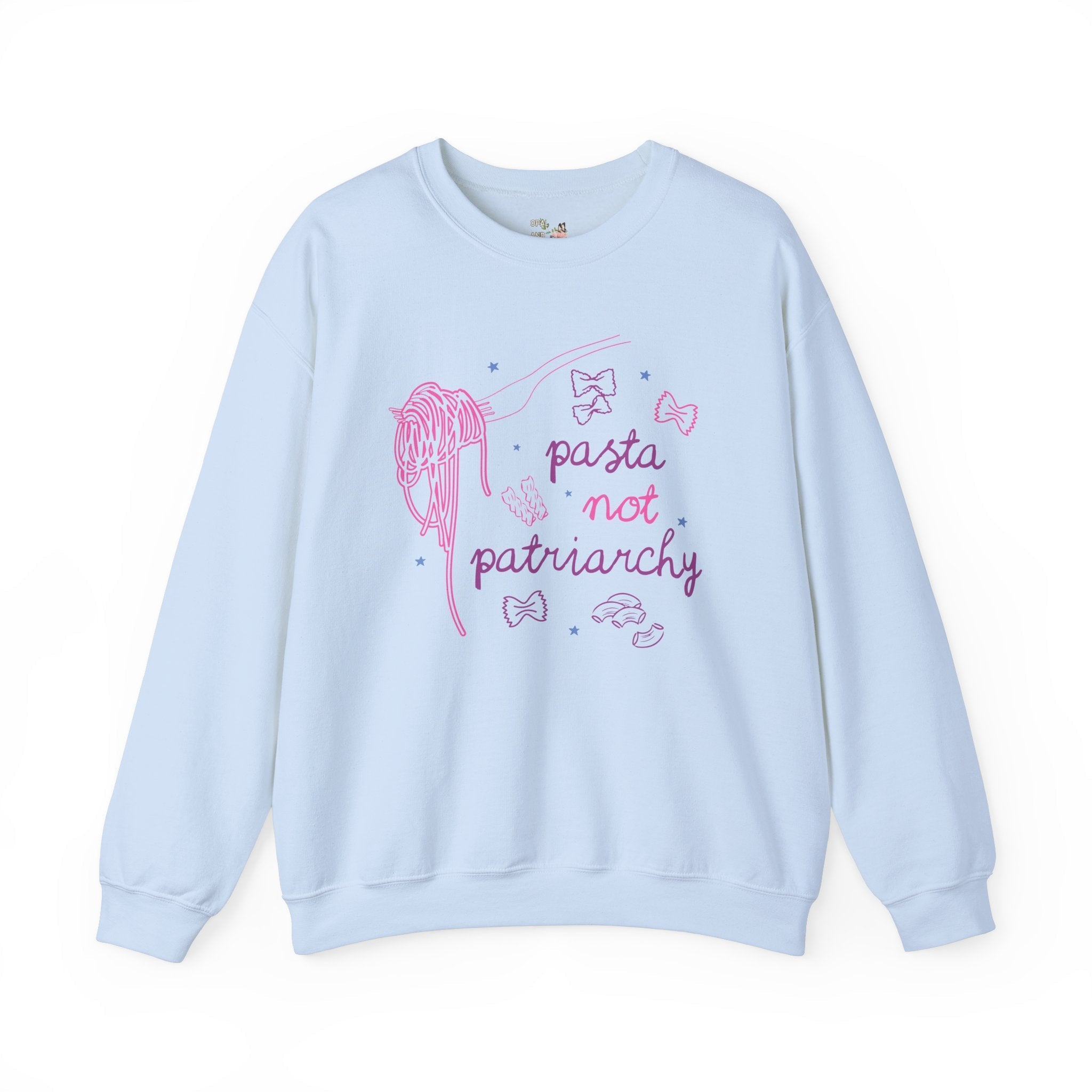 Pasta Not Patriarchy: Funny Saying Feminist Sweatshirt with Stars and Spaghetti, Cute Women's Rights or Equal Rights Crewneck for Leftist - Opal and June