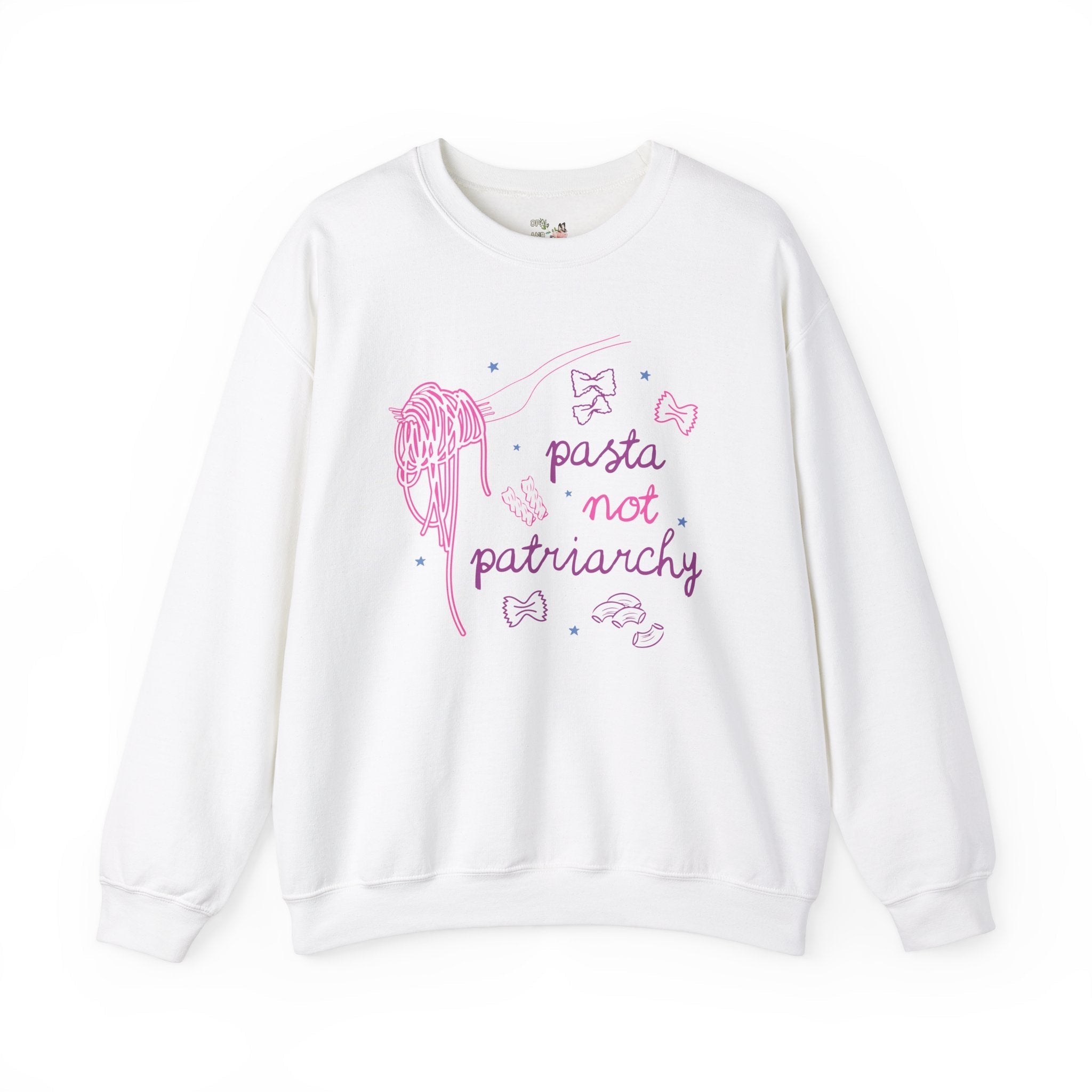 Pasta Not Patriarchy: Funny Saying Feminist Sweatshirt with Stars and Spaghetti, Cute Women's Rights or Equal Rights Crewneck for Leftist - Opal and June