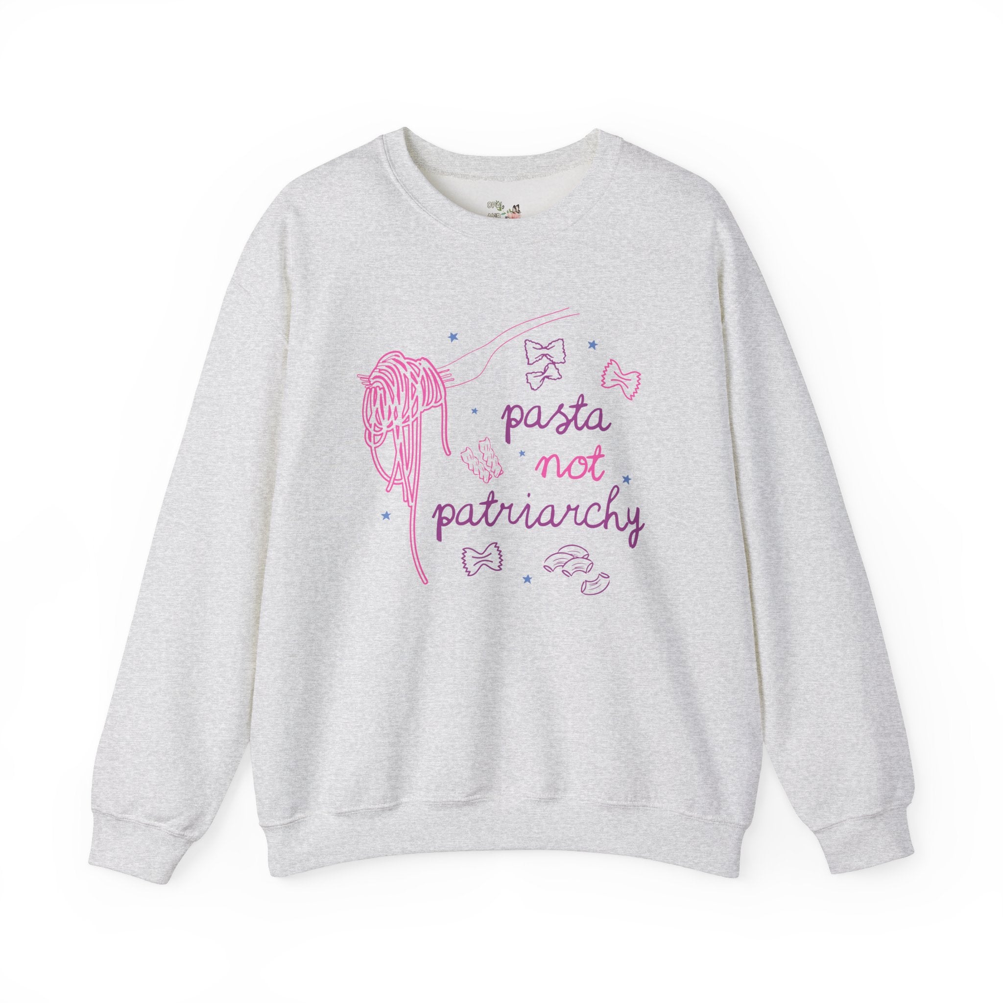 Pasta Not Patriarchy: Funny Saying Feminist Sweatshirt with Stars and Spaghetti, Cute Women's Rights or Equal Rights Crewneck for Leftist - Opal and June