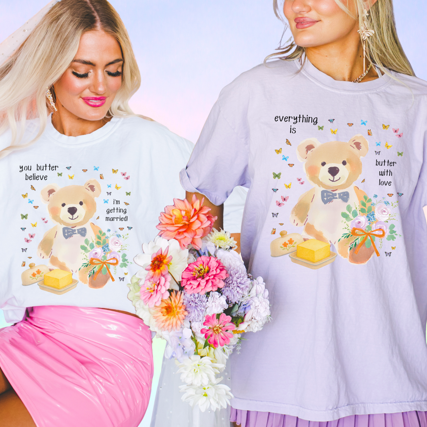 Pastel Bear Bachelorette Tee Shirt for Kitschy Bride, Dopamine Maximalist Animal Lover T-Shirt for Bridal Party, Newly Engaged Bride Tee - Opal and June