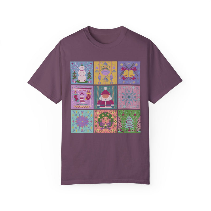 Pastel Christmas Shirt: Cross Stitch Style Vintage Aesthetic Tee for Holidays | Colorful Retro T-Shirt for Holiday Party, Kitschy XMas Tee - Opal and June