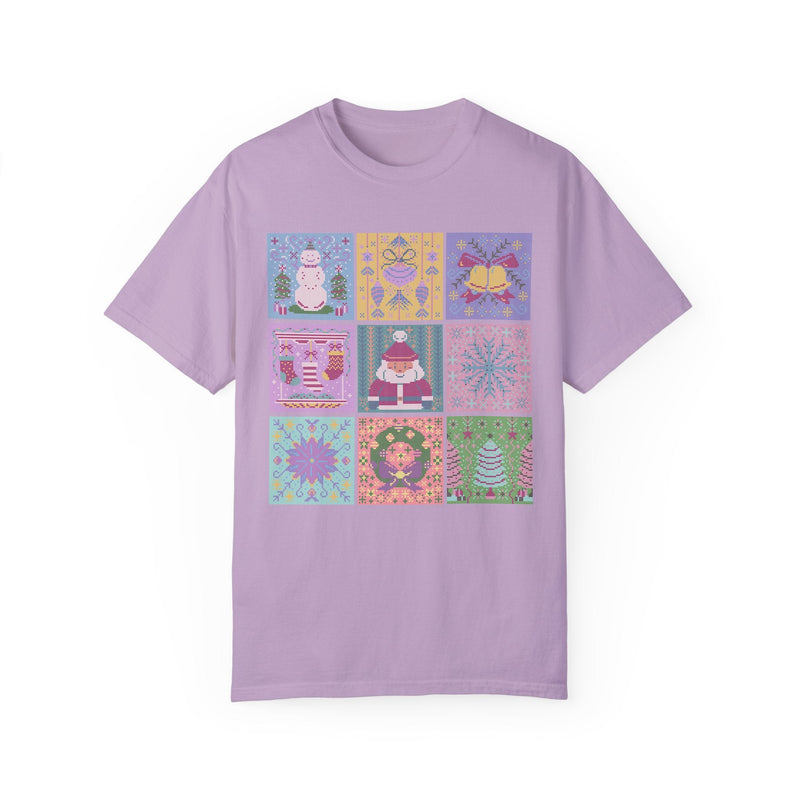 Pastel Christmas Shirt: Cross Stitch Style Vintage Aesthetic Tee for Holidays | Colorful Retro T-Shirt for Holiday Party, Kitschy XMas Tee - Opal and June