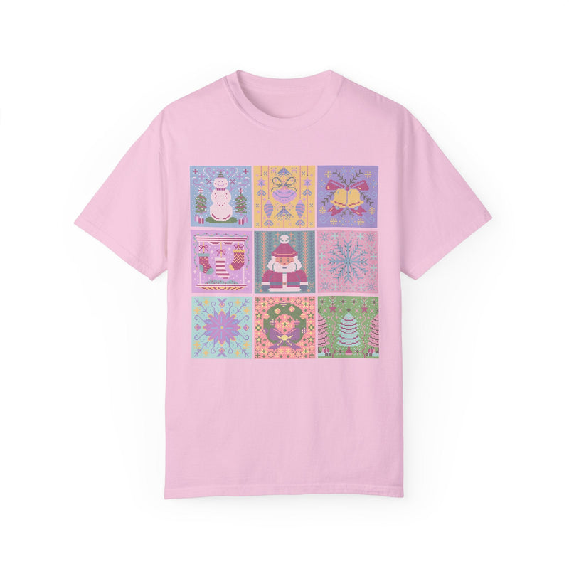 Pastel Christmas Shirt: Cross Stitch Style Vintage Aesthetic Tee for Holidays | Colorful Retro T-Shirt for Holiday Party, Kitschy XMas Tee - Opal and June