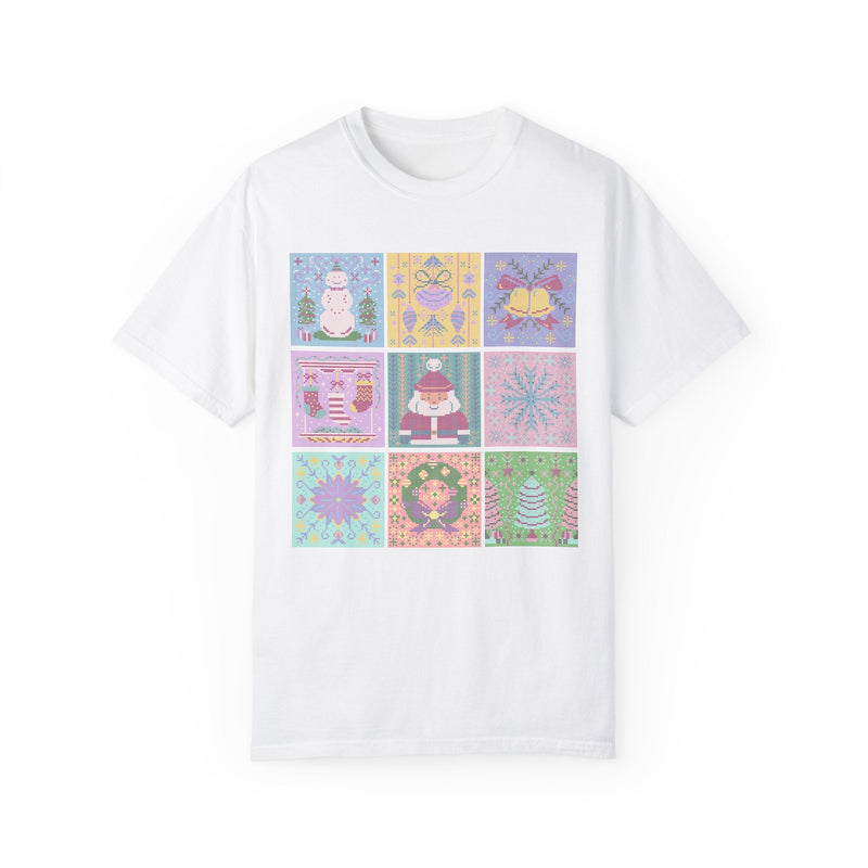 Pastel Christmas Shirt: Cross Stitch Style Vintage Aesthetic Tee for Holidays | Colorful Retro T-Shirt for Holiday Party, Kitschy XMas Tee - Opal and June