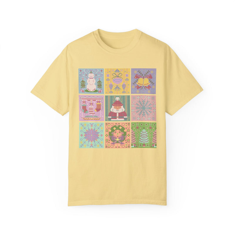Pastel Christmas Shirt: Cross Stitch Style Vintage Aesthetic Tee for Holidays | Colorful Retro T-Shirt for Holiday Party, Kitschy XMas Tee - Opal and June