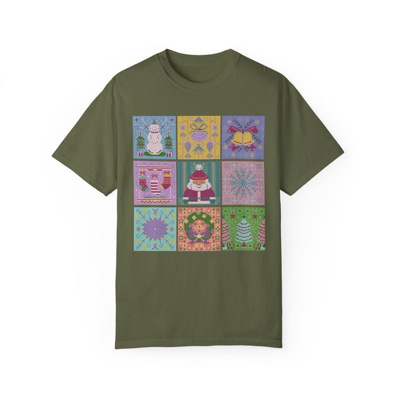 Pastel Christmas Shirt: Cross Stitch Style Vintage Aesthetic Tee for Holidays | Colorful Retro T-Shirt for Holiday Party, Kitschy XMas Tee - Opal and June