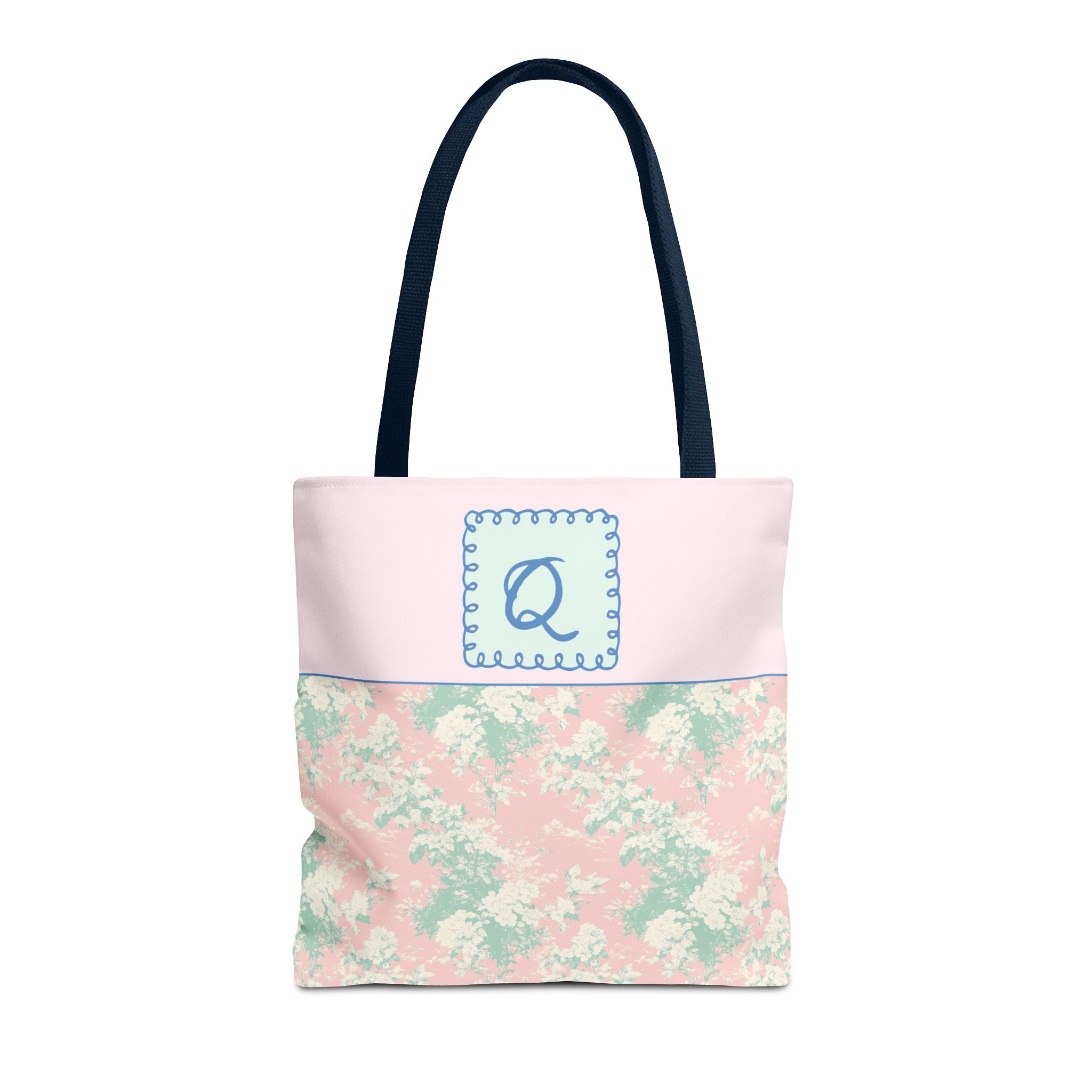 Pastel Eighties Aesthetic Tote Bag with Initial, Colorful Maximalist Tote Bag with Letter in Cute Doodle Frame, Teacher Appreciation Gift: Q - Opal and June