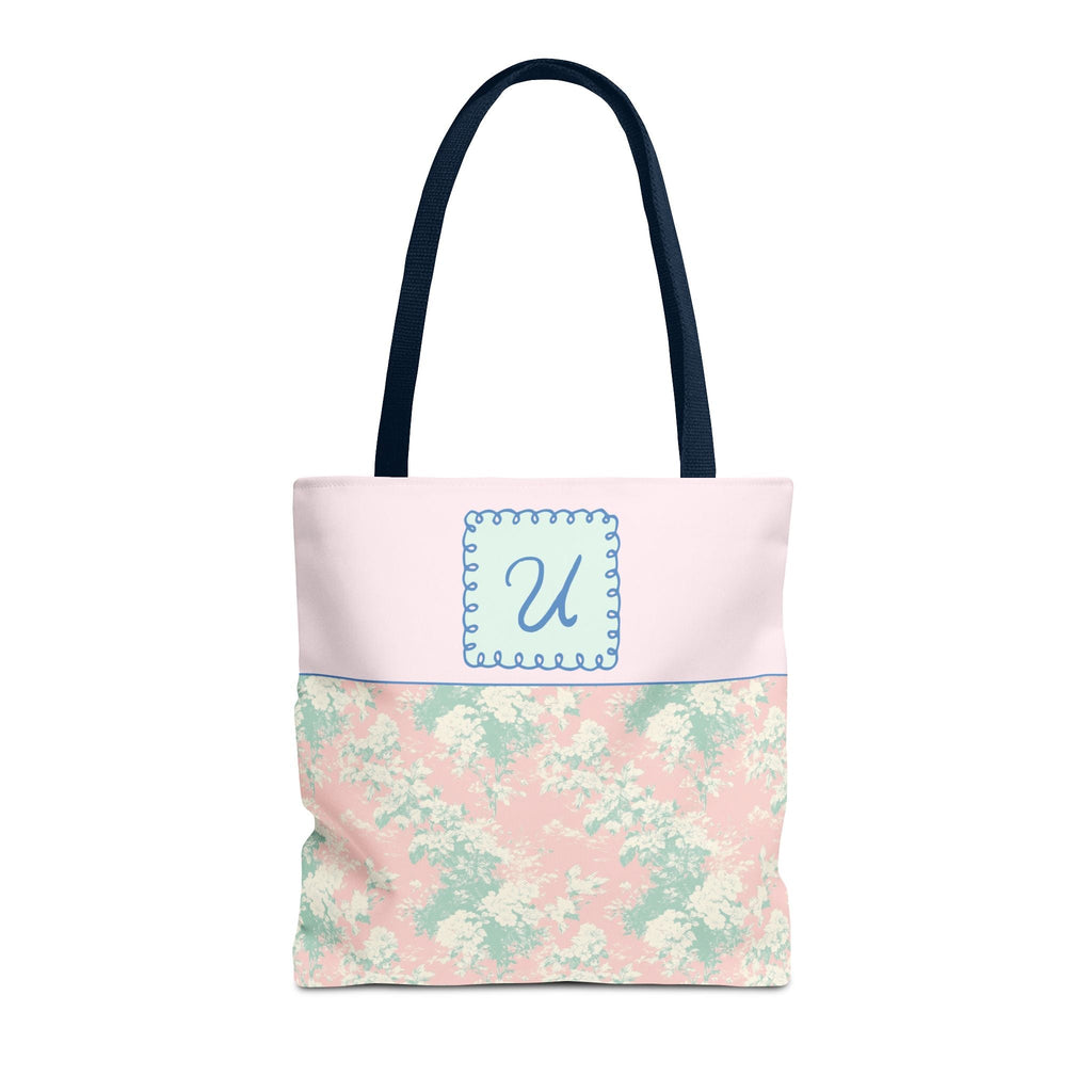 Pastel Eighties Aesthetic Tote Bag with Initial, Colorful Maximalist Tote Bag with Letter in Cute Doodle Frame, Teacher Appreciation Gift: U - Opal and June