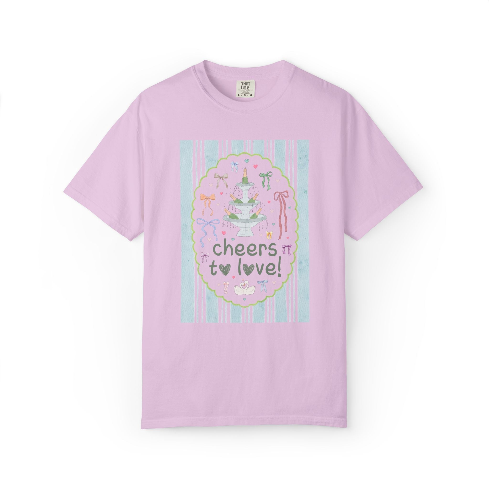 Pastel Matching Bachelorette Tee Shirt with Bows: Cheers to Love! | Funny Soft Girl Style Bridal Party Tee for Bridesmaids and Maid of Honor - Opal and June