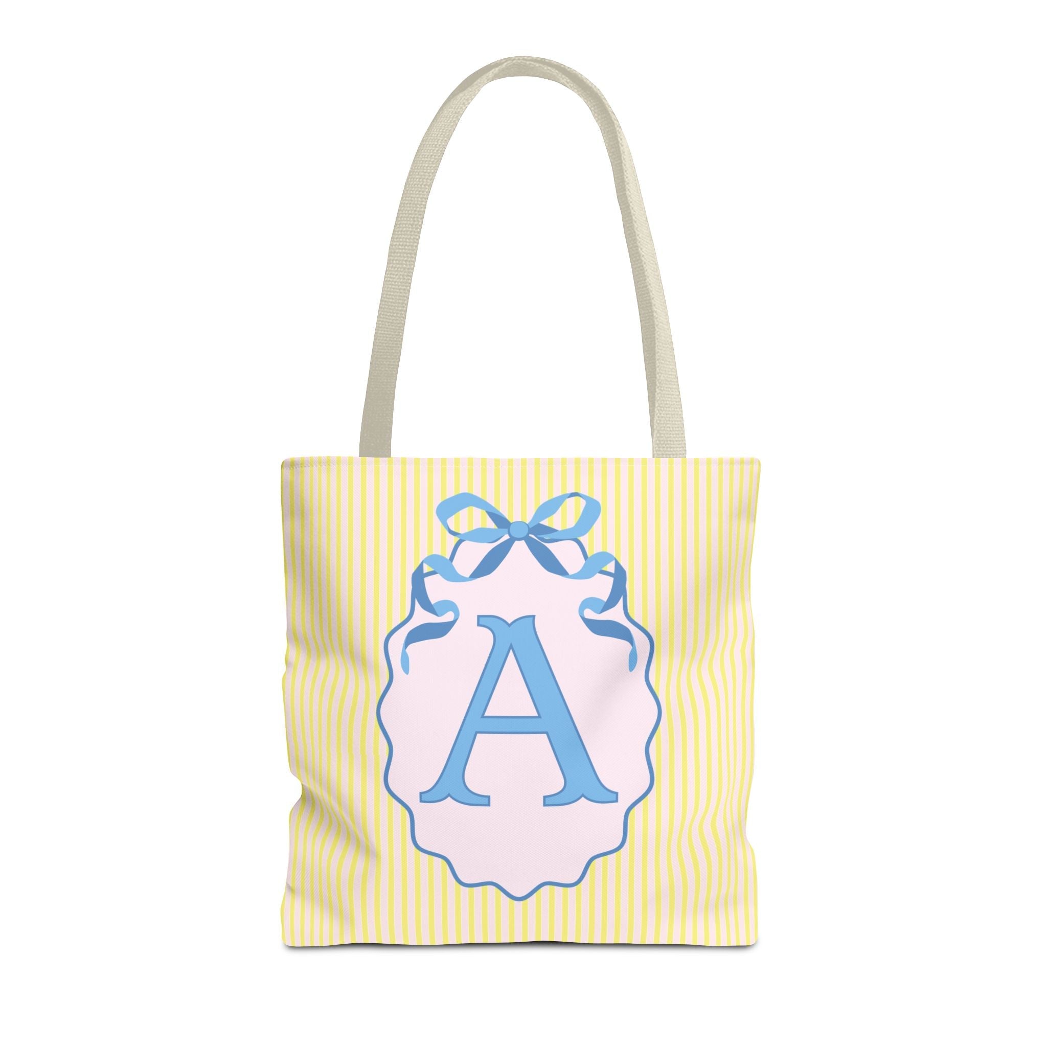 Peppy Initial Tote Bag for Bachelorette Party Gifts, Floral Cottagecore Striped Tote Bag with Initial and Cute Bow, Boho Hydrangea Flowers - Opal and June