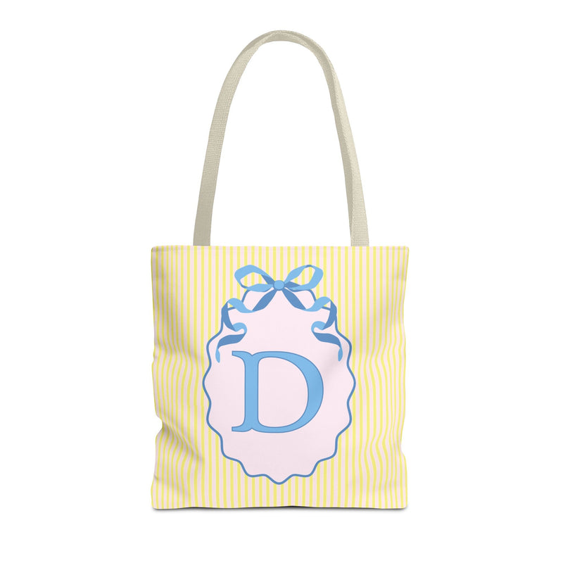 Peppy Initial Tote Bag with Initial and Cute Bow, Boho Hydrangea Flowers: D - Opal and June
