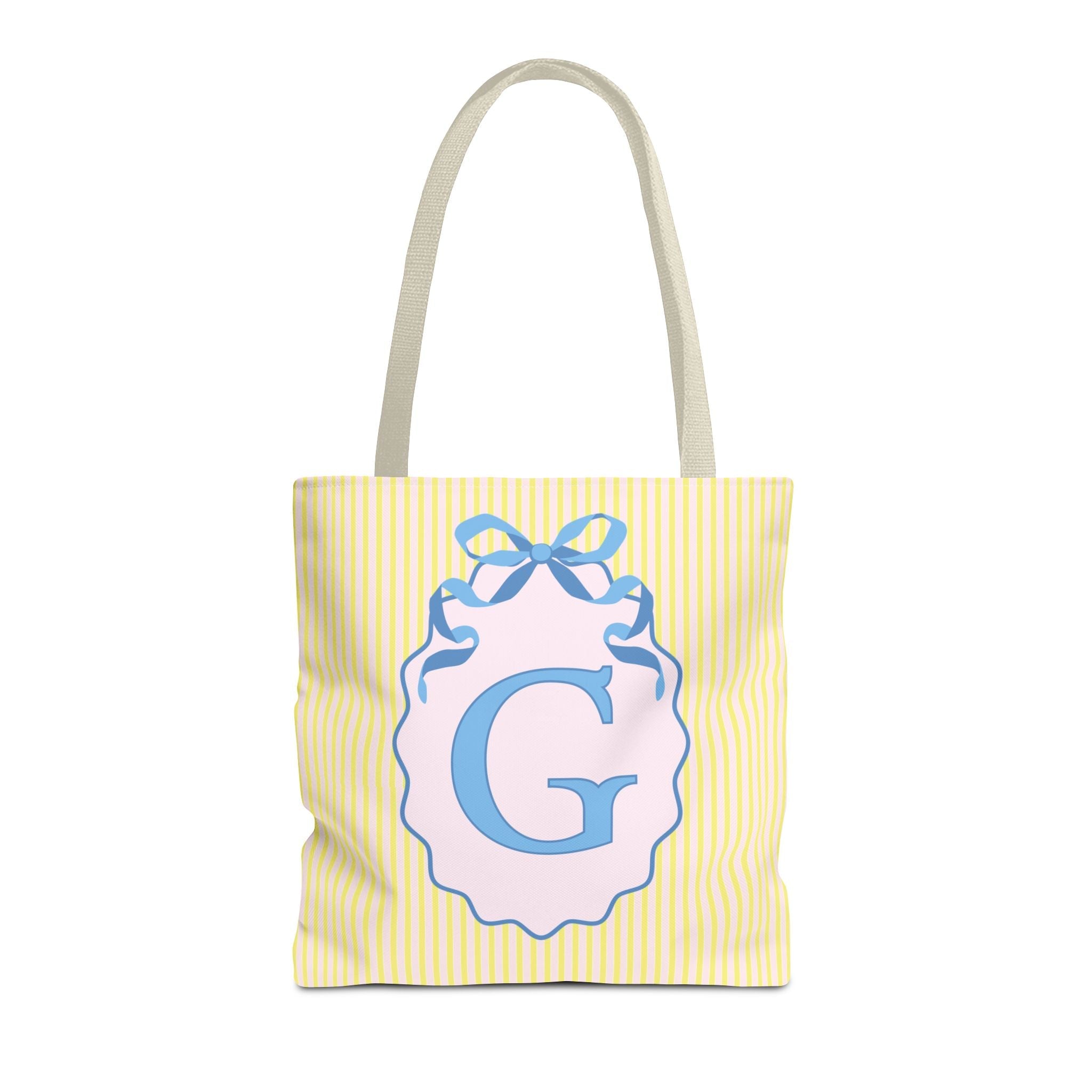 Peppy Initial Tote Bag with Initial and Cute Bow, Boho Hydrangea Flowers: G - Opal and June