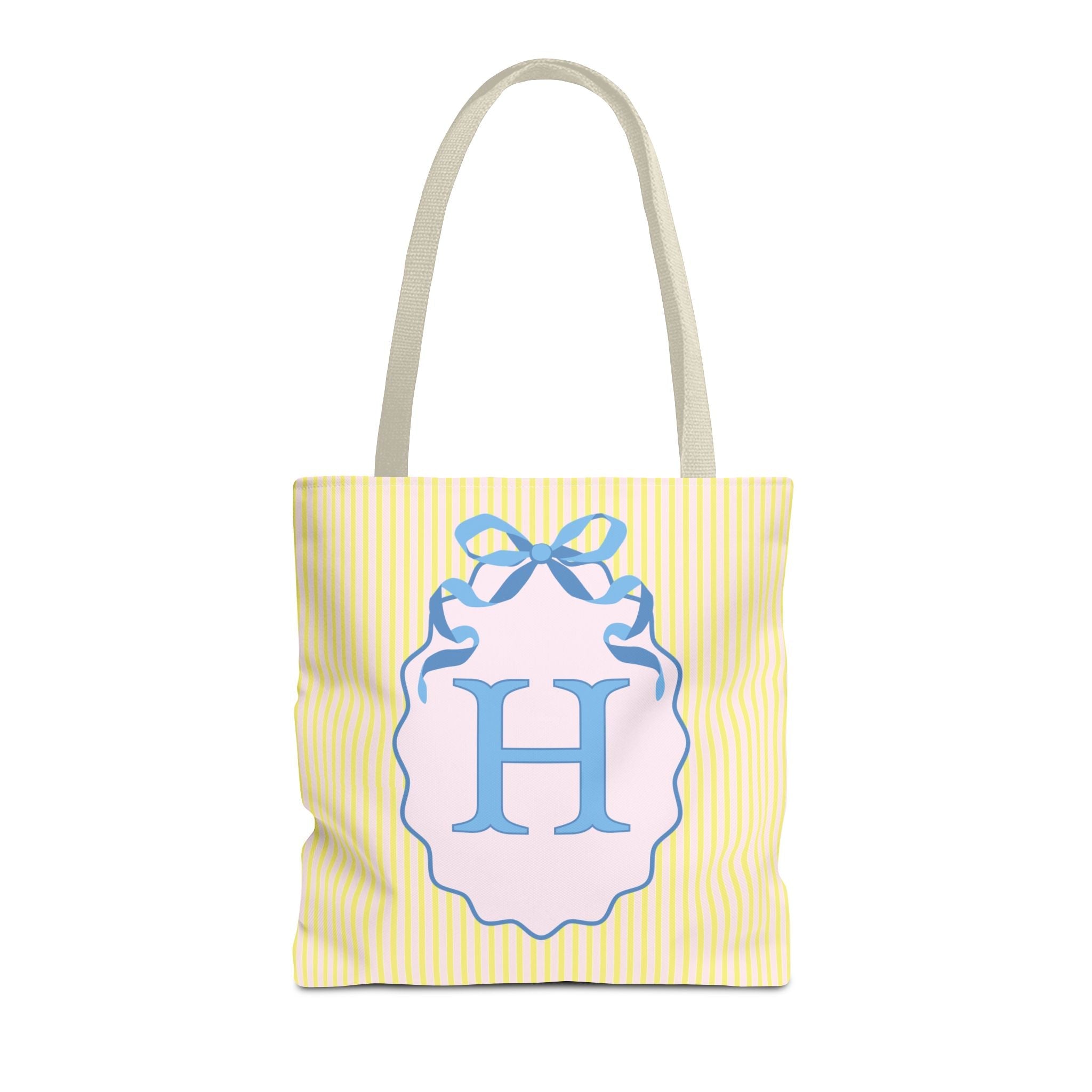 Peppy Initial Tote Bag with Initial and Cute Bow, Boho Hydrangea Flowers: H - Opal and June