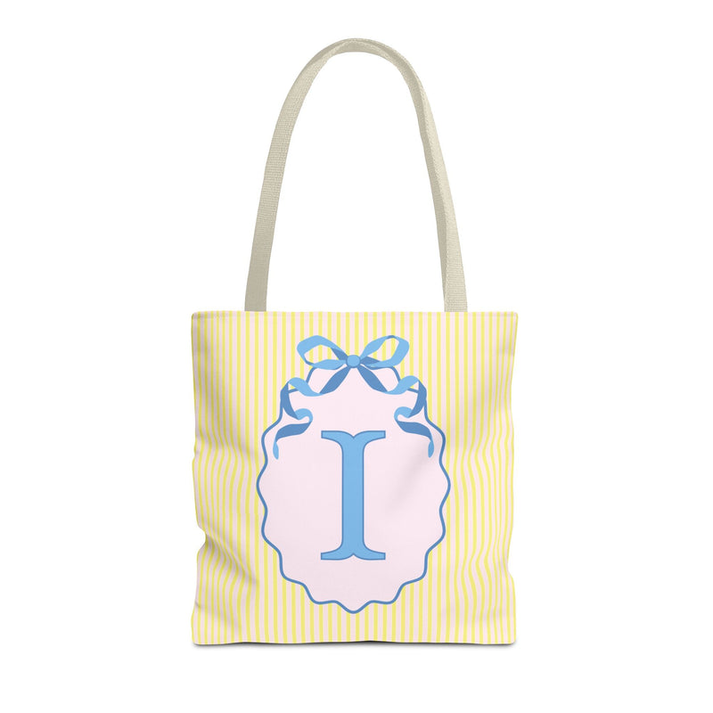 Peppy Initial Tote Bag with Initial and Cute Bow, Boho Hydrangea Flowers: I - Opal and June