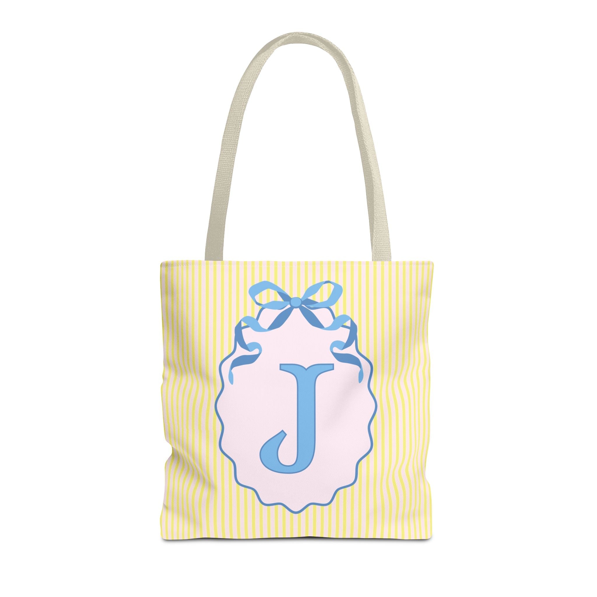 Peppy Initial Tote Bag with Initial and Cute Bow, Boho Hydrangea Flowers: J - Opal and June
