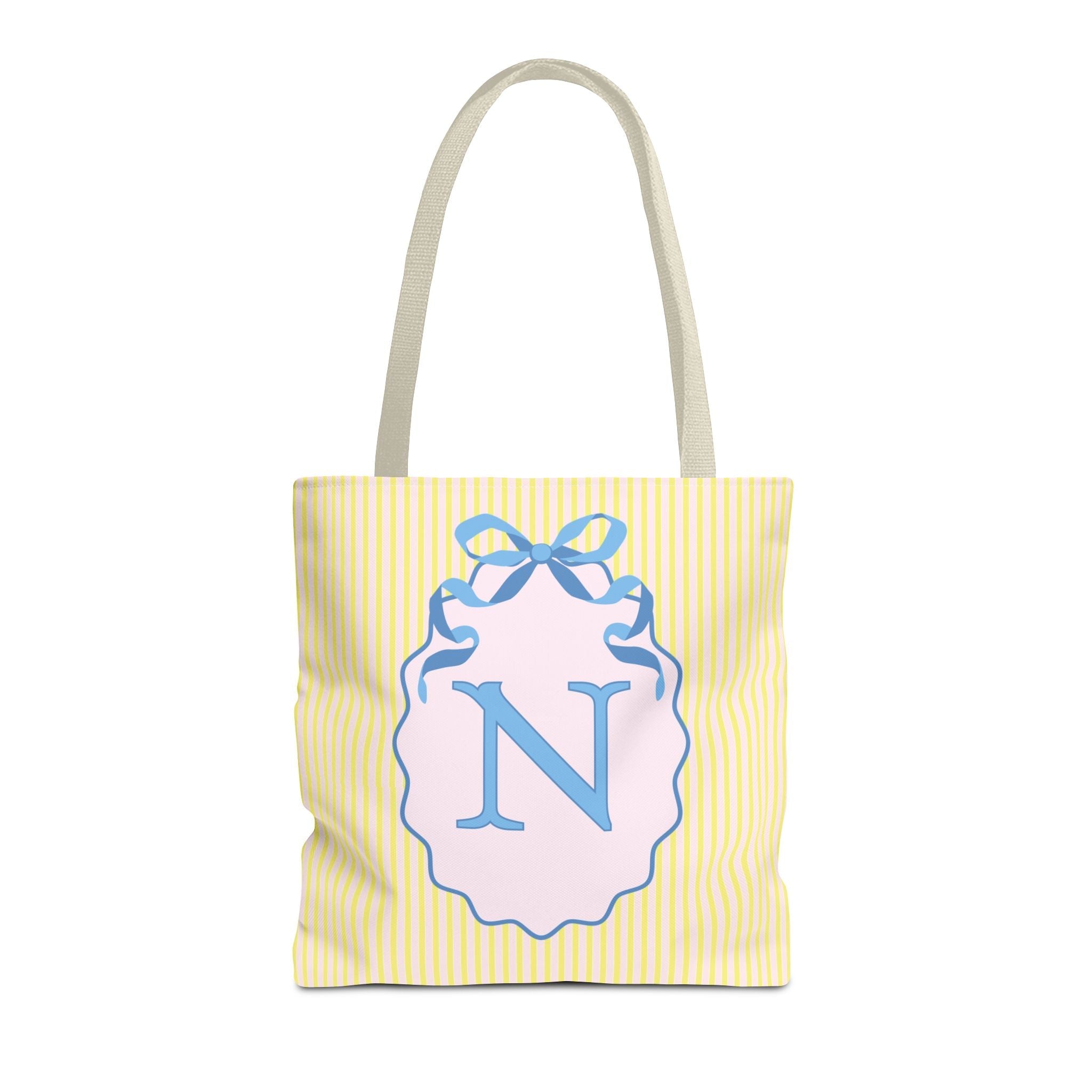 Peppy Initial Tote Bag with Initial and Cute Bow, Boho Hydrangea Flowers: N - Opal and June