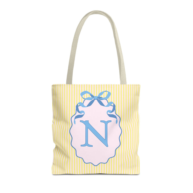 Peppy Initial Tote Bag with Initial and Cute Bow, Boho Hydrangea Flowers: N - Opal and June