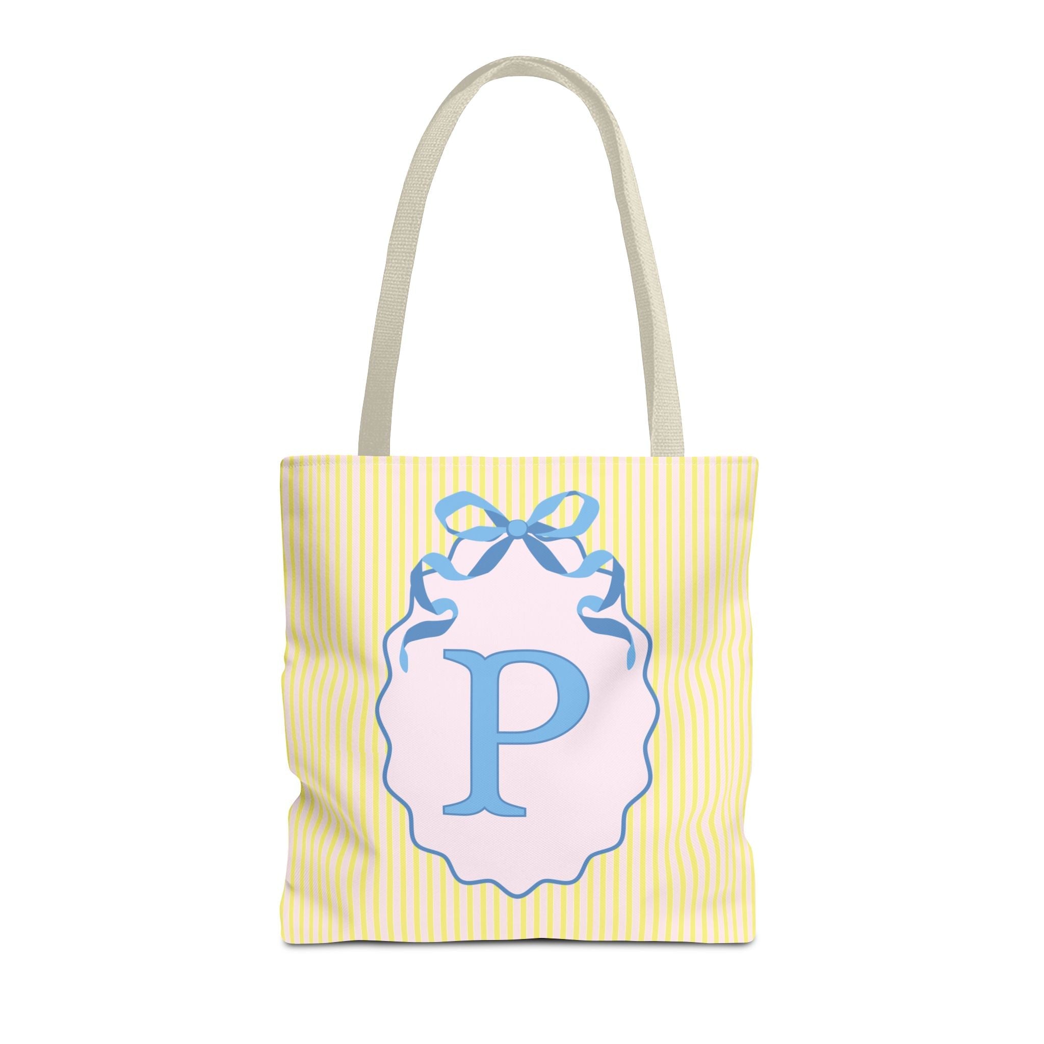 Peppy Initial Tote Bag with Initial and Cute Bow, Boho Hydrangea Flowers: P - Opal and June