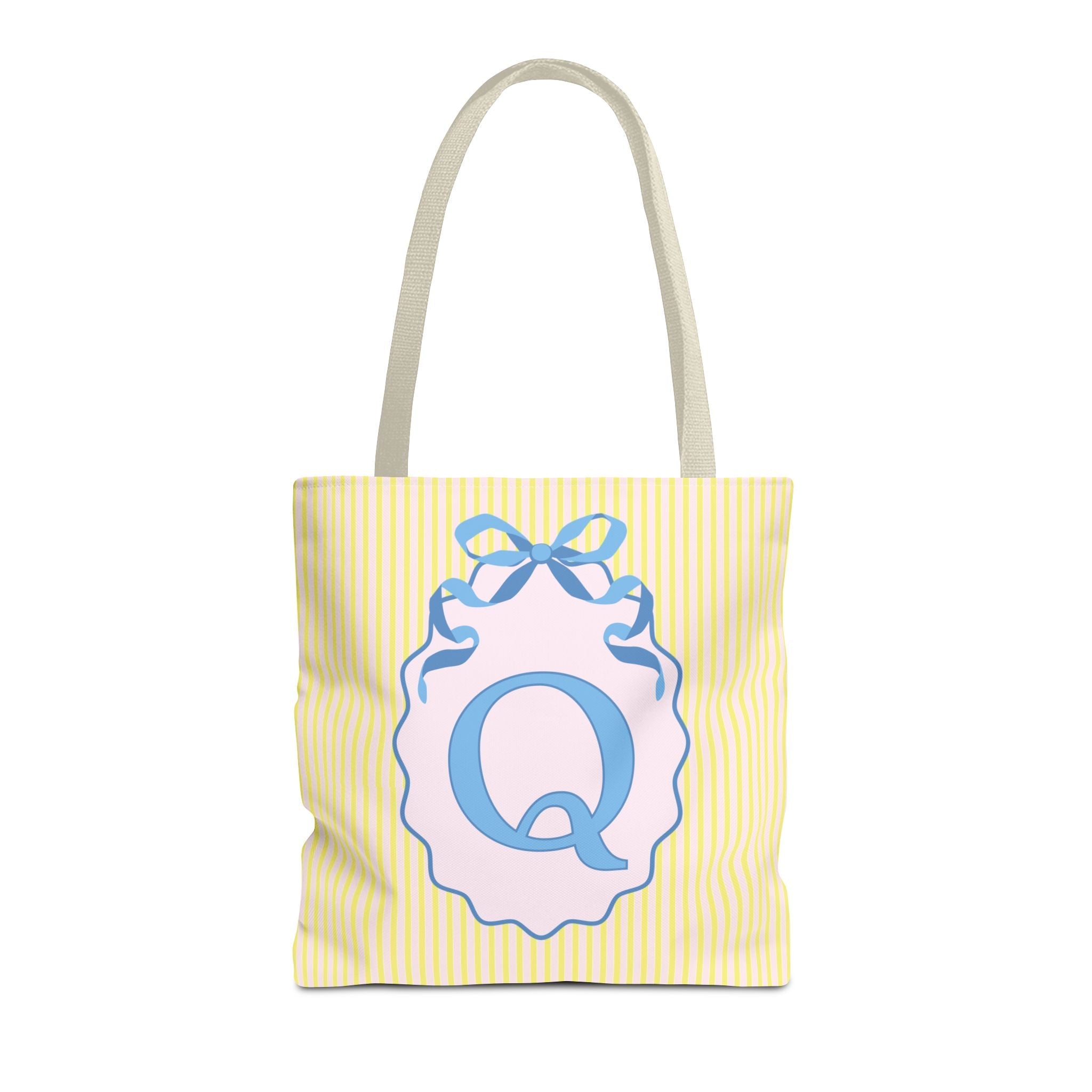 Peppy Initial Tote Bag with Initial and Cute Bow, Boho Hydrangea Flowers: Q - Opal and June