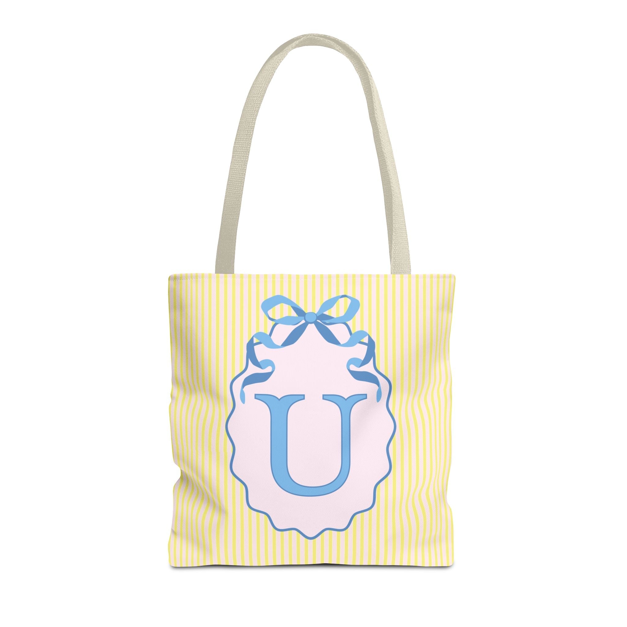 Peppy Initial Tote Bag with Initial and Cute Bow, Boho Hydrangea Flowers: U - Opal and June