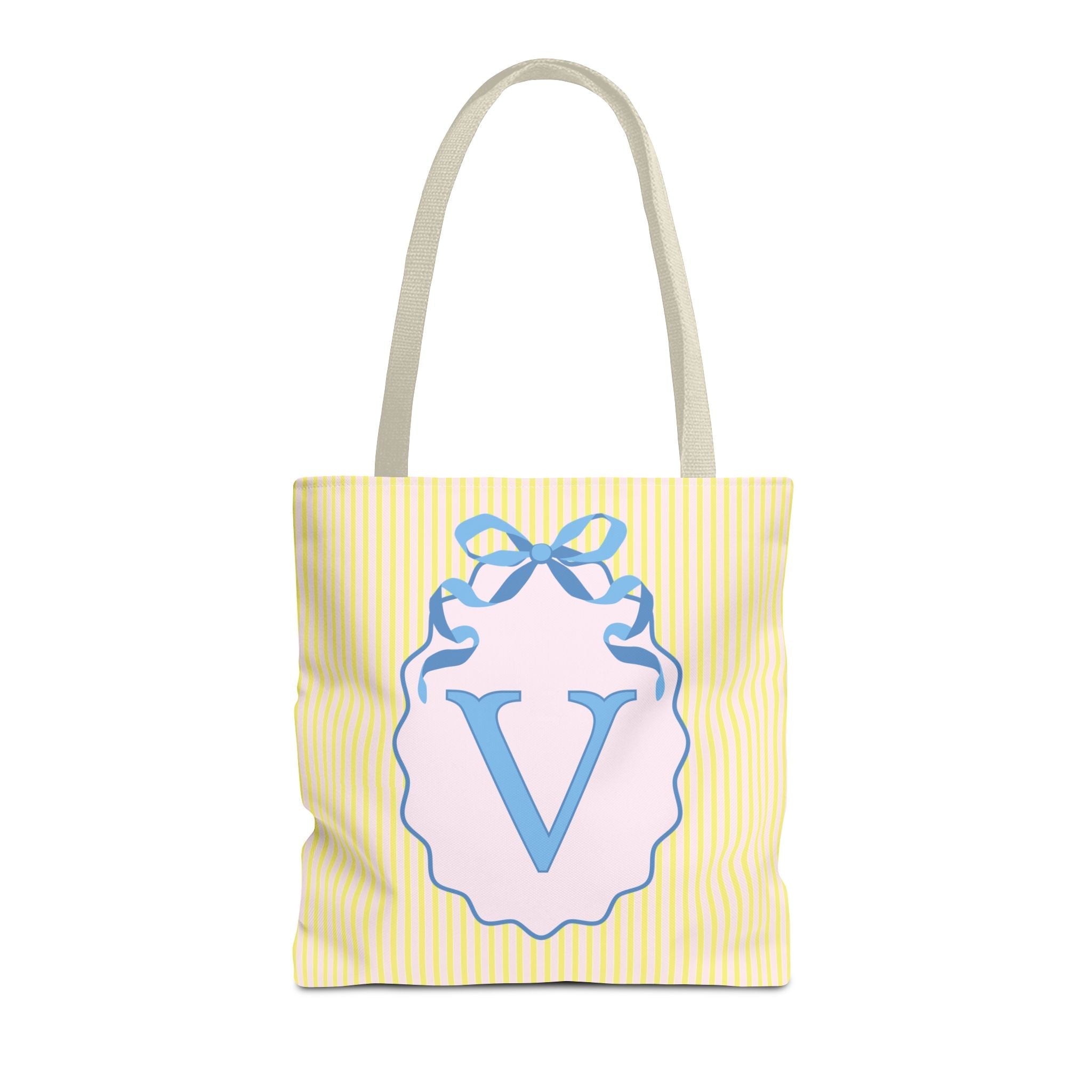 Peppy Initial Tote Bag with Initial and Cute Bow, Boho Hydrangea Flowers: V - Opal and June