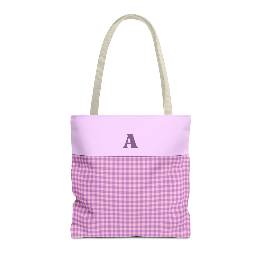Personalized Initial Tote Bag, Cute Purple Gingham Tote Bag with Initial, Gift for Sister, Matching Wedding or Bachelorette Party Gift: A - Opal and June