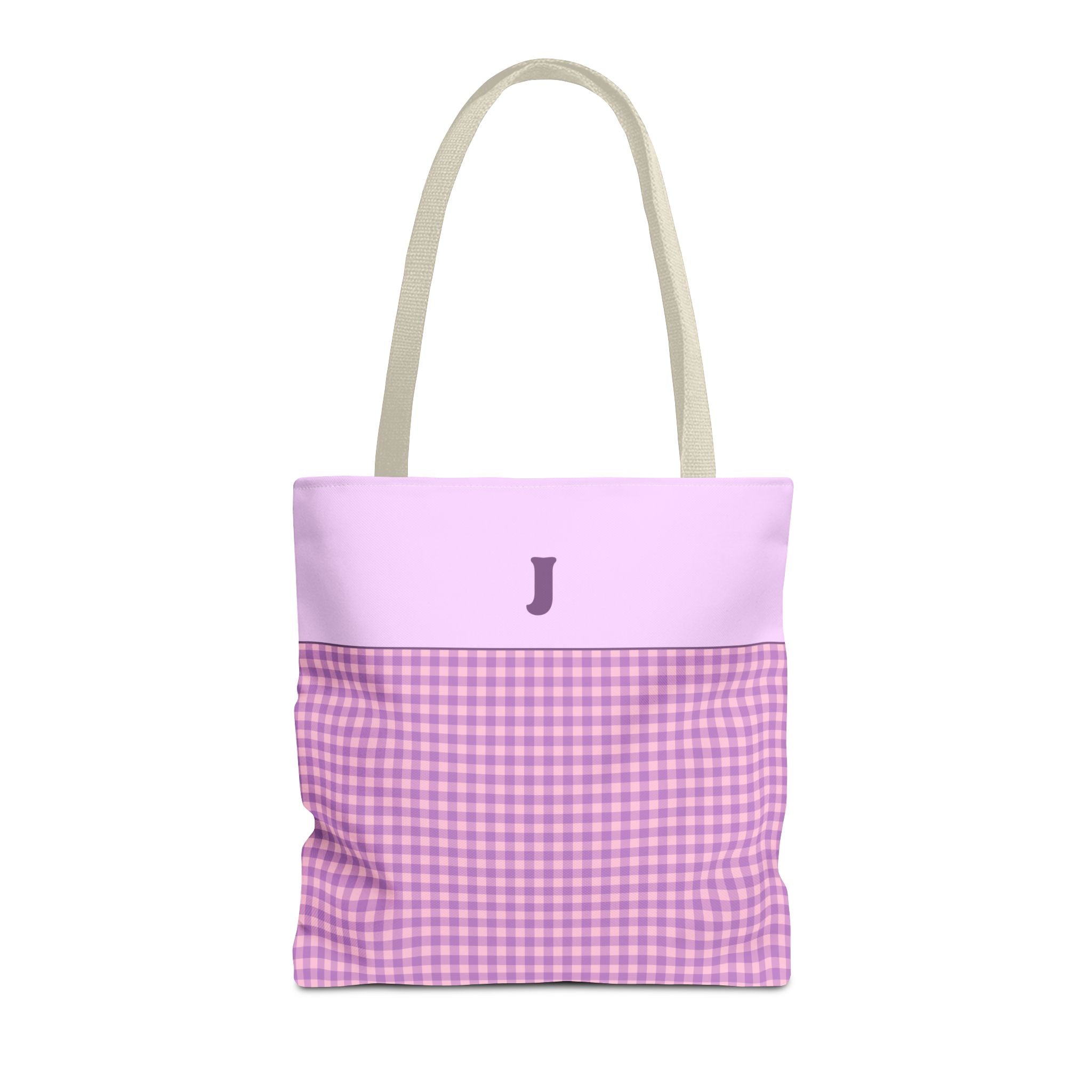 Personalized Initial Tote Bag, Cute Purple Gingham Tote Bag with Initial, Gift for Sister, Matching Wedding or Bachelorette Party Gift: J - Opal and June