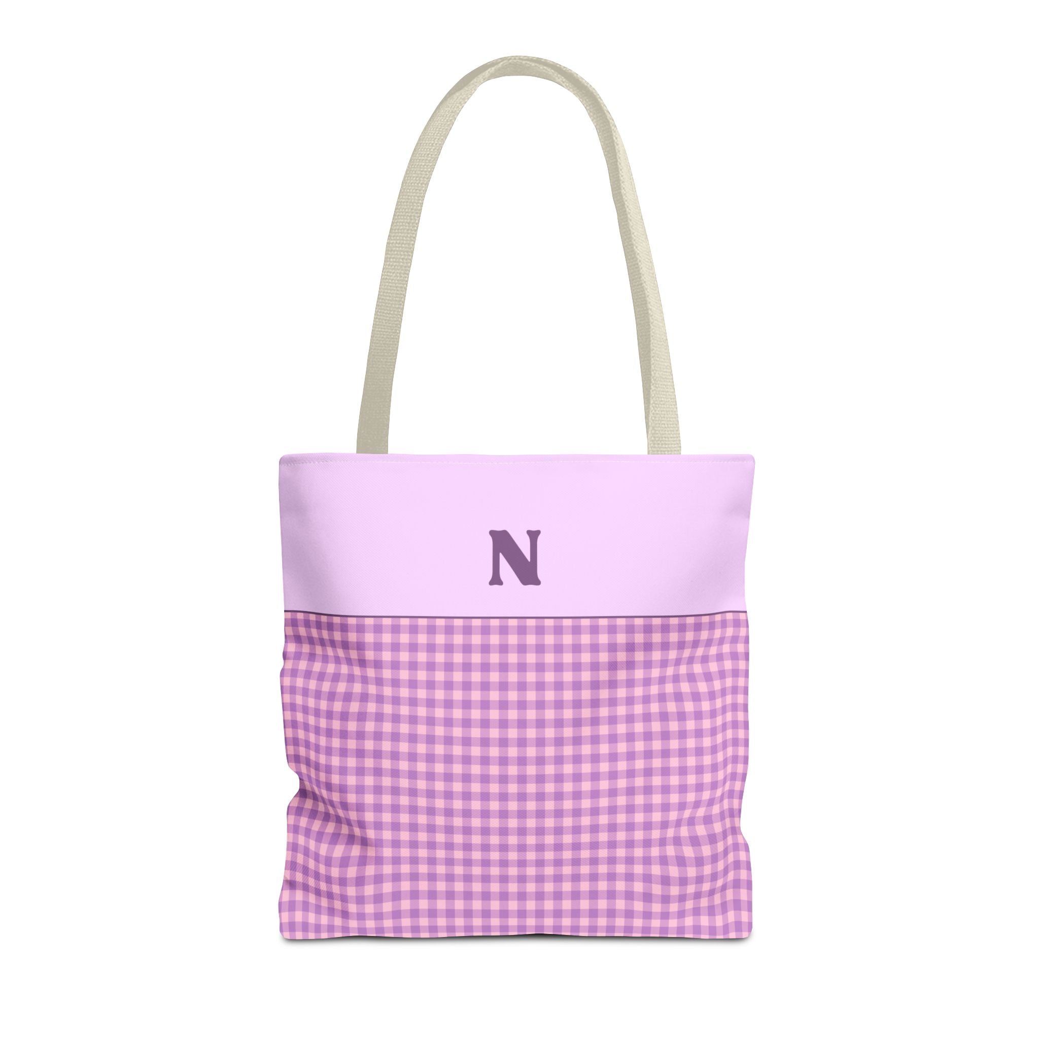 Personalized Initial Tote Bag, Cute Purple Gingham Tote Bag with Initial, Gift for Sister, Matching Wedding or Bachelorette Party Gift: N - Opal and June