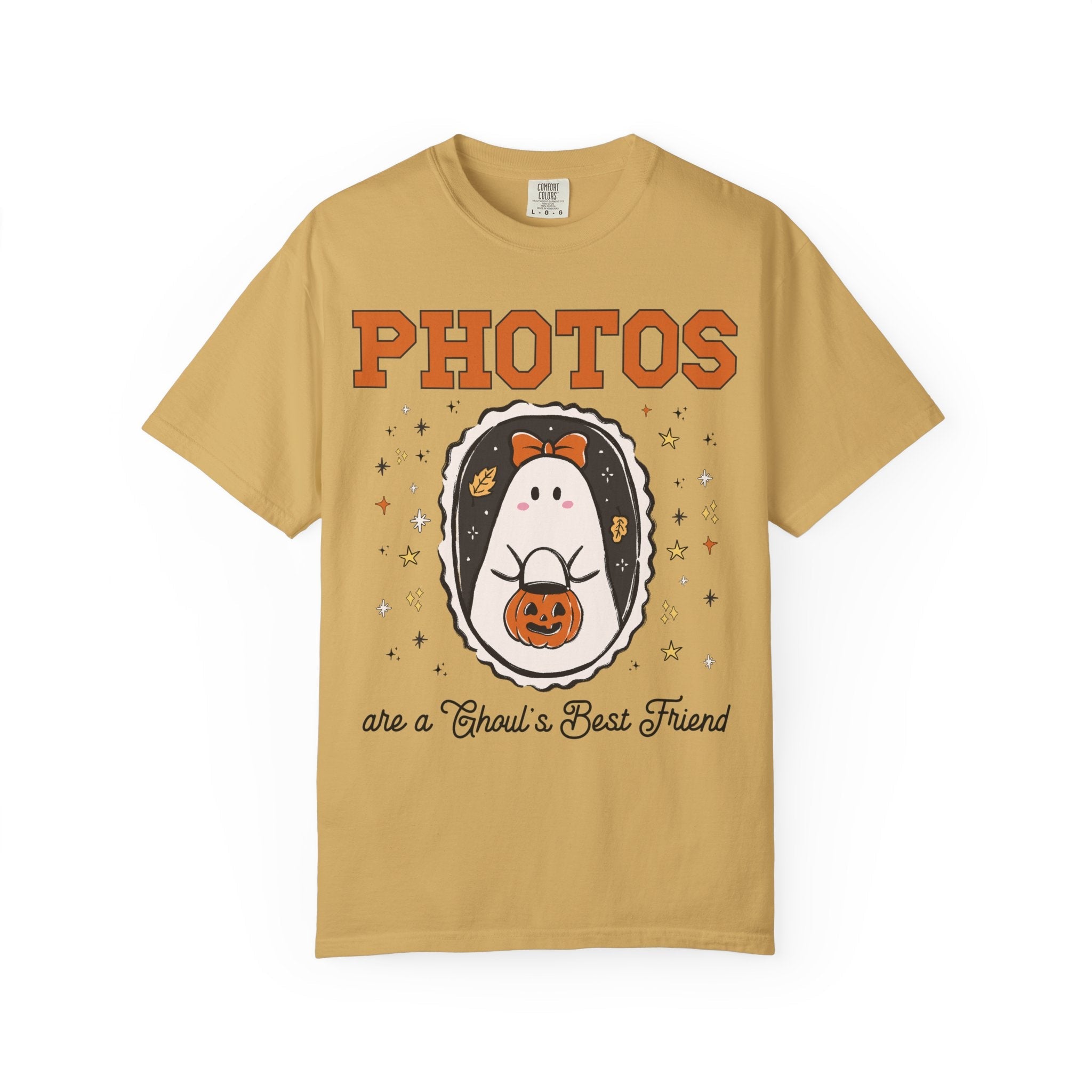 Photographer Halloween Tee Shirt with Cute Ghost Wearing a Bow, Funny Saying Wedding Photographer or Family Photographer T-Shirt with Stars - Opal and June