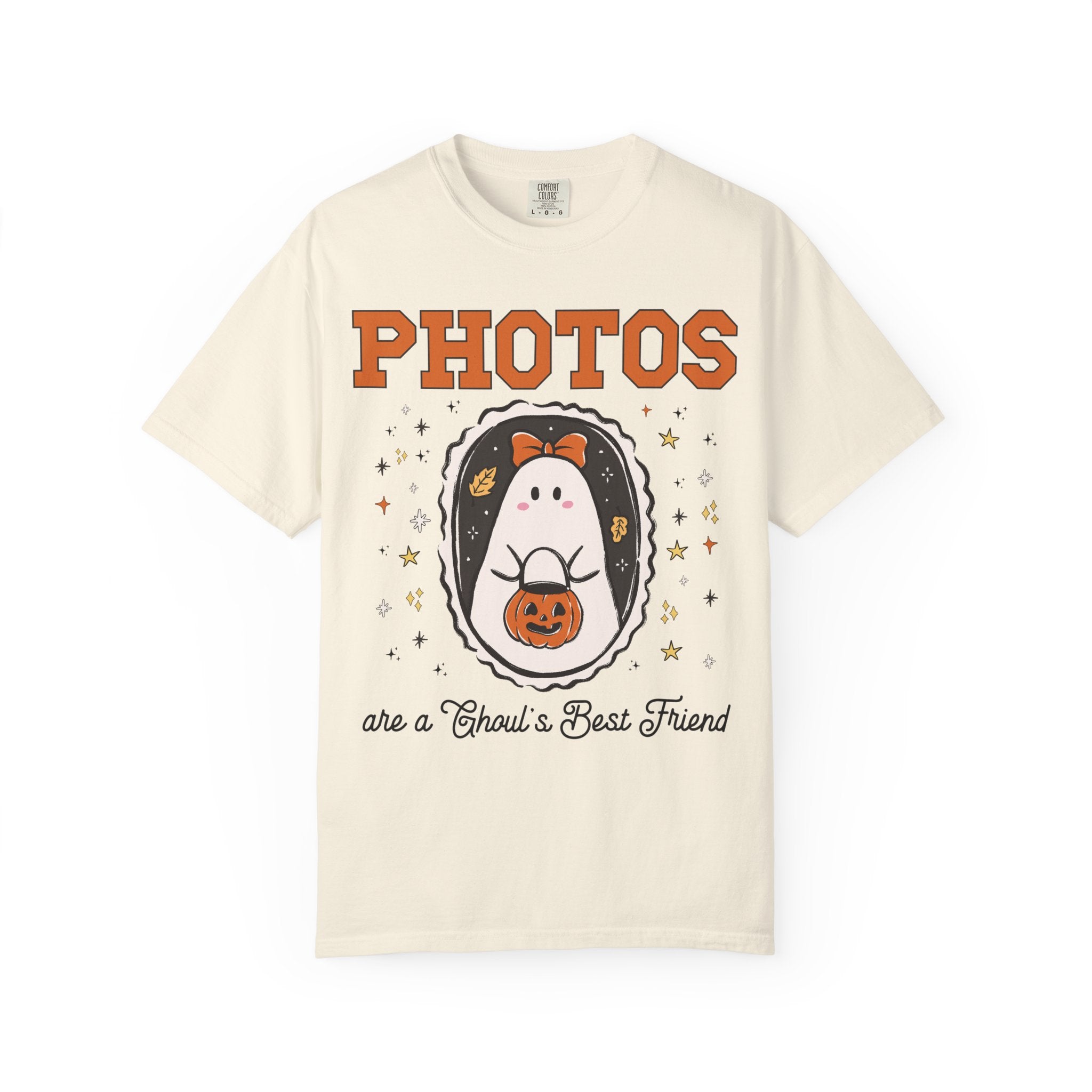Photographer Halloween Tee Shirt with Cute Ghost Wearing a Bow, Funny Saying Wedding Photographer or Family Photographer T-Shirt with Stars - Opal and June