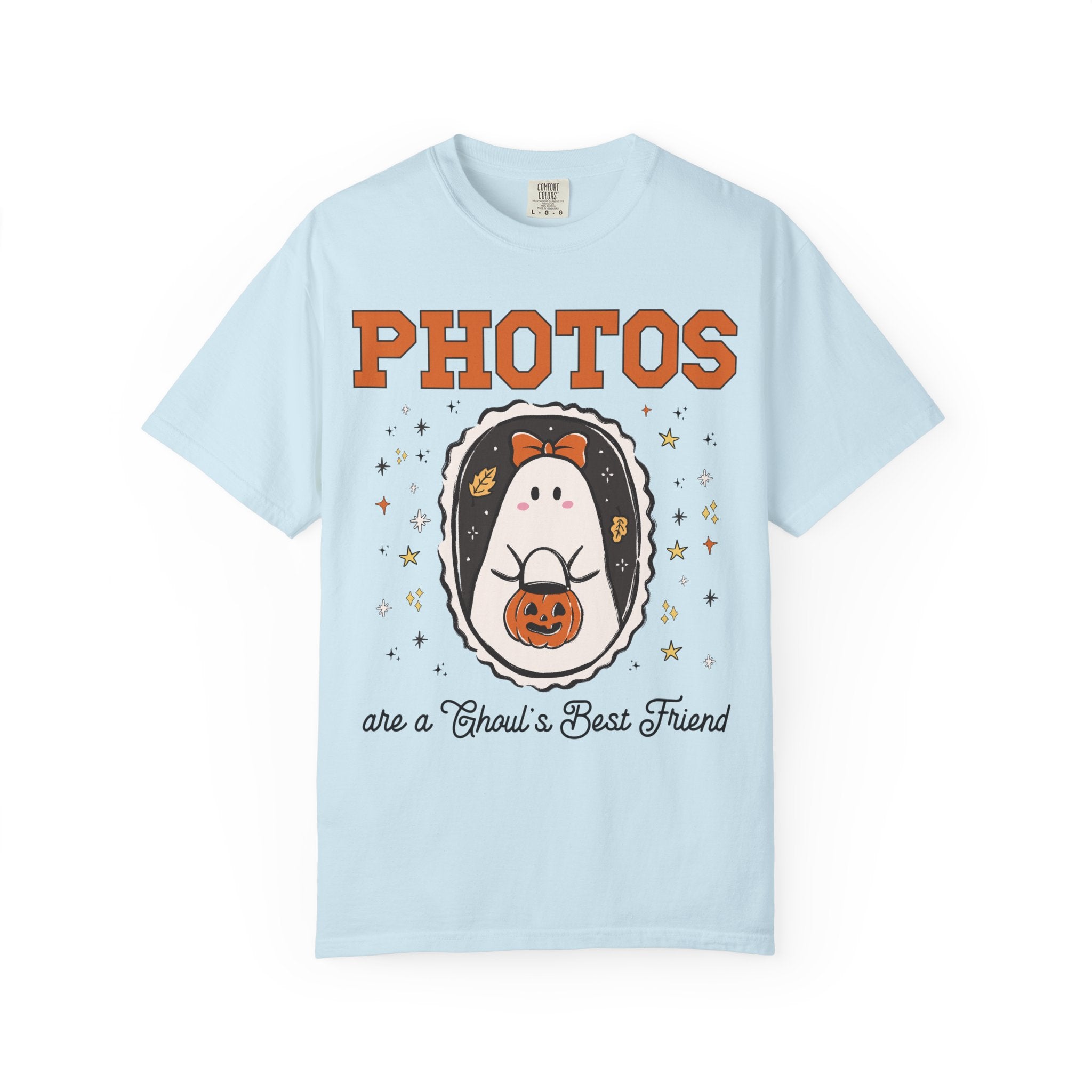 Photographer Halloween Tee Shirt with Cute Ghost Wearing a Bow, Funny Saying Wedding Photographer or Family Photographer T-Shirt with Stars - Opal and June