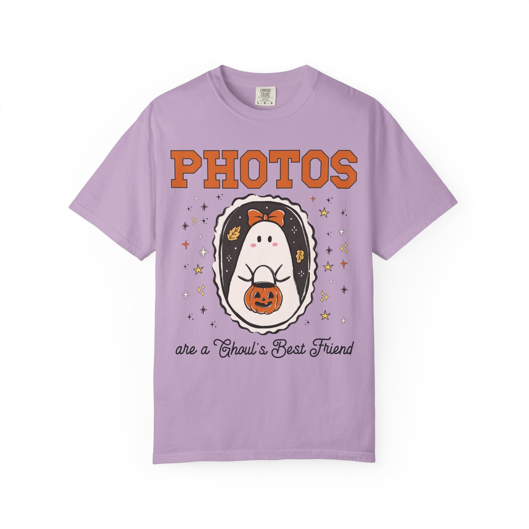 Photographer Halloween Tee Shirt with Cute Ghost Wearing a Bow, Funny Saying Wedding Photographer or Family Photographer T-Shirt with Stars - Opal and June