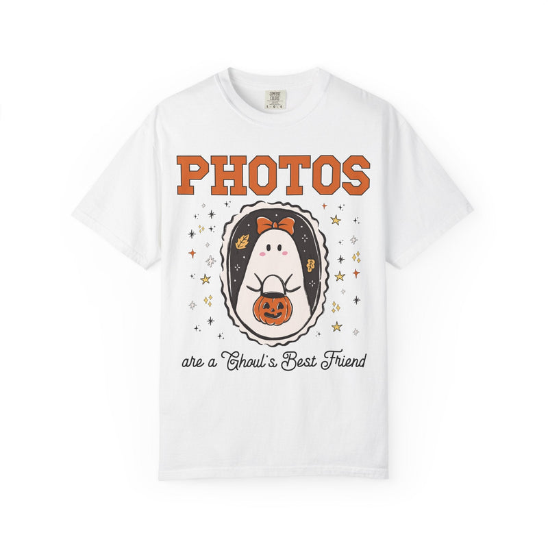 Photographer Halloween Tee Shirt with Cute Ghost Wearing a Bow, Funny Saying Wedding Photographer or Family Photographer T-Shirt with Stars - Opal and June