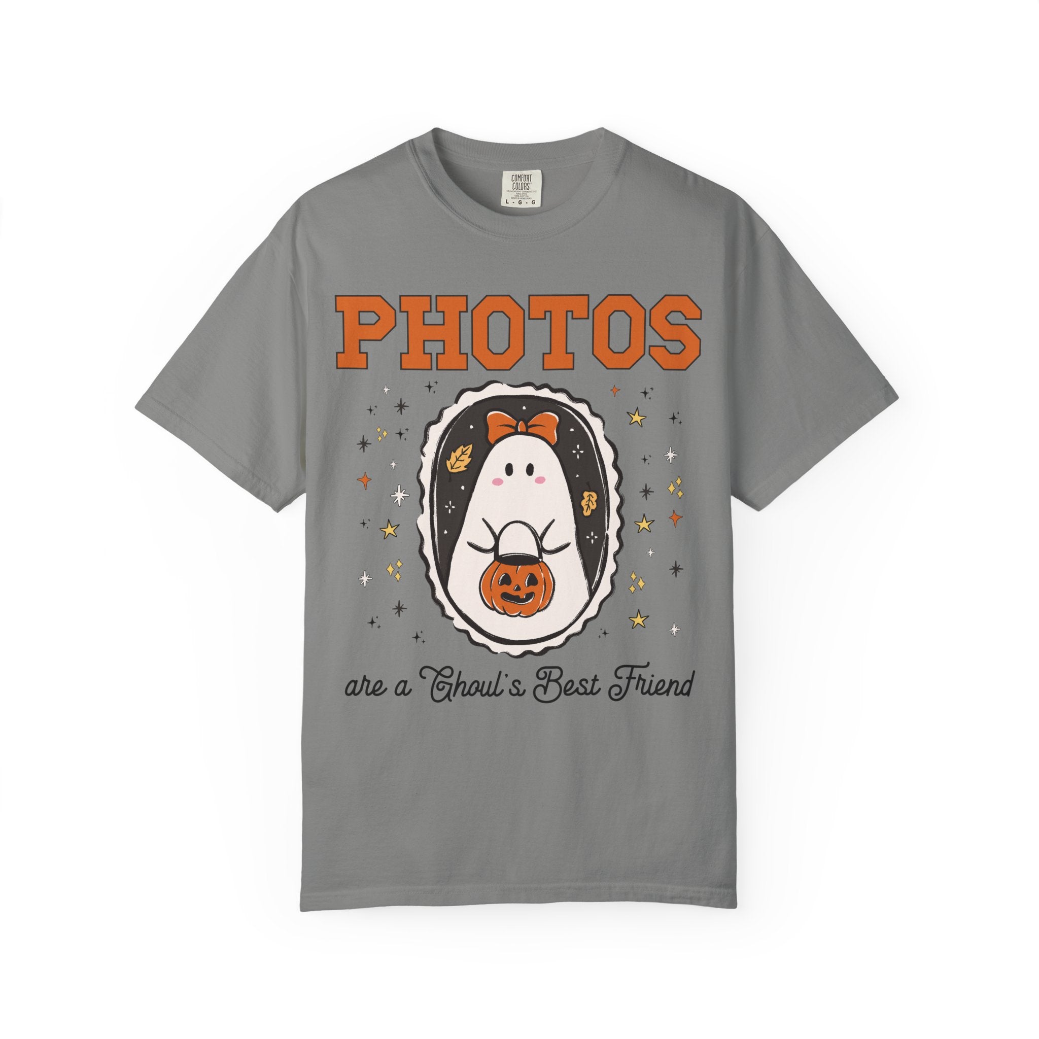 Photographer Halloween Tee Shirt with Cute Ghost Wearing a Bow, Funny Saying Wedding Photographer or Family Photographer T-Shirt with Stars - Opal and June