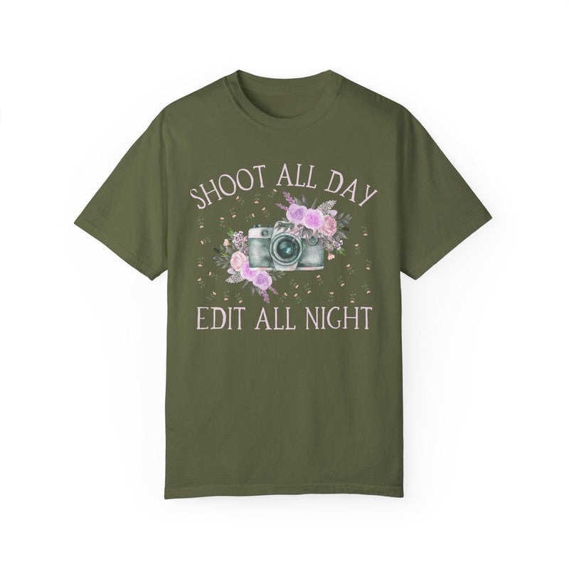 Photographer Tee with Boho Flowers: Shoot All Day, Edit All Night | Editing Day Shirt for Photographer, Cozy Editing Shirt, Photo Major - Opal and June