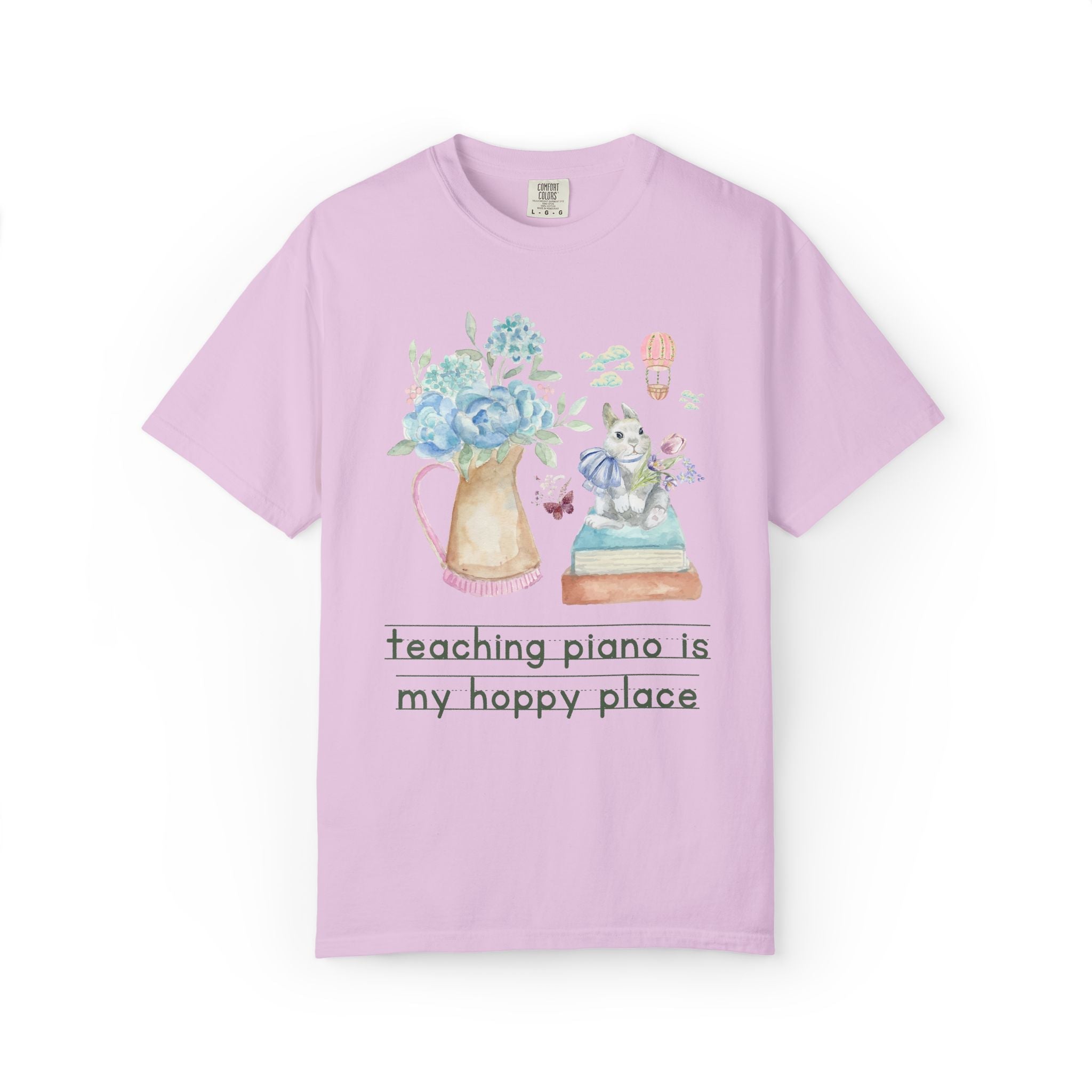 Piano Teacher Spring Matching Teacher T-Shirt with Cottagecore Flowers and a Bow: My Hoppy Place, Sweet Goblincore Soft Girl Style Butterfly Lover Tee - Opal and June