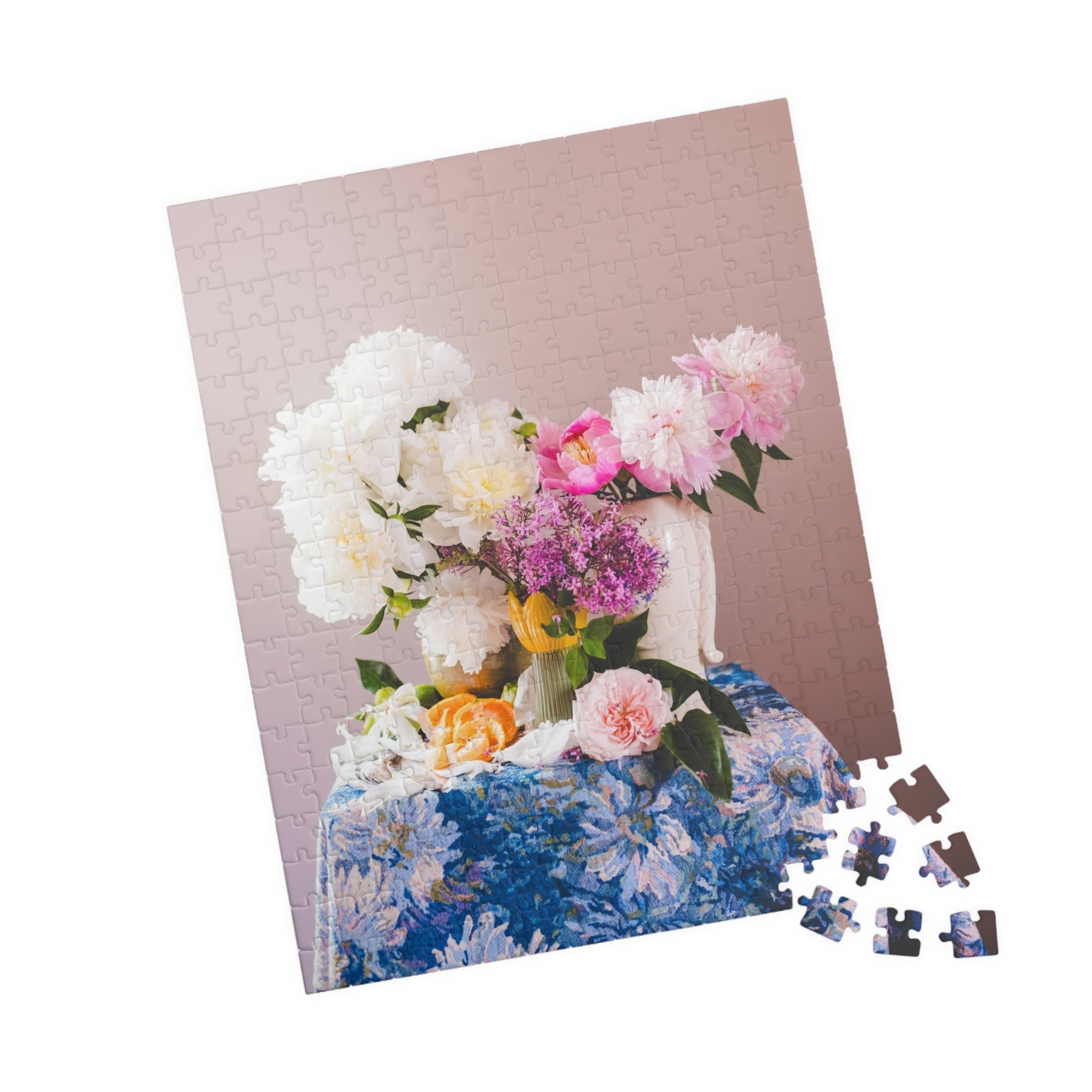 Pink and White Peony Flowers Puzzle with Oranges, Lilacs, and Floral Tablecloth - Opal and June