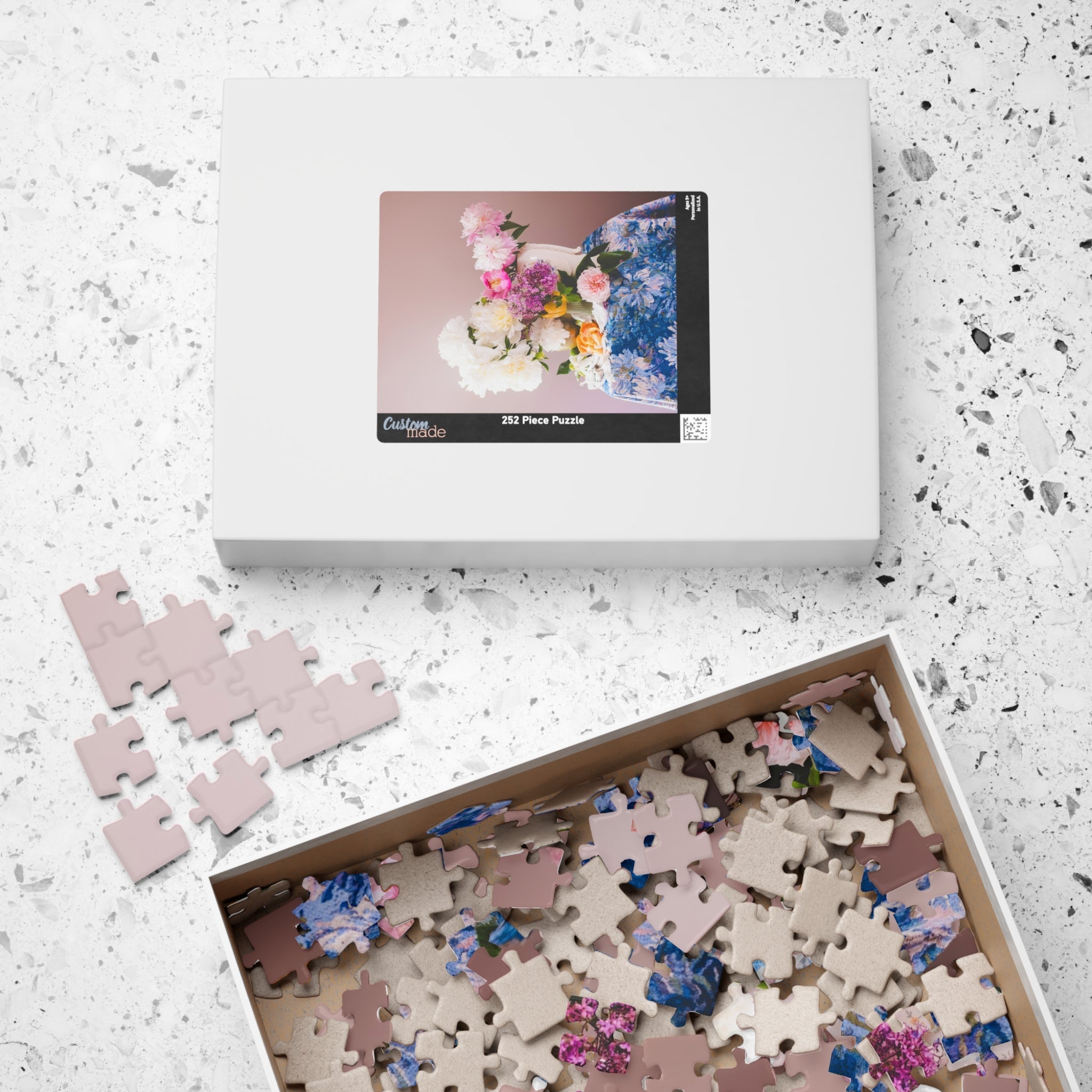 Pink and White Peony Flowers Puzzle with Oranges, Lilacs, and Floral Tablecloth - Opal and June