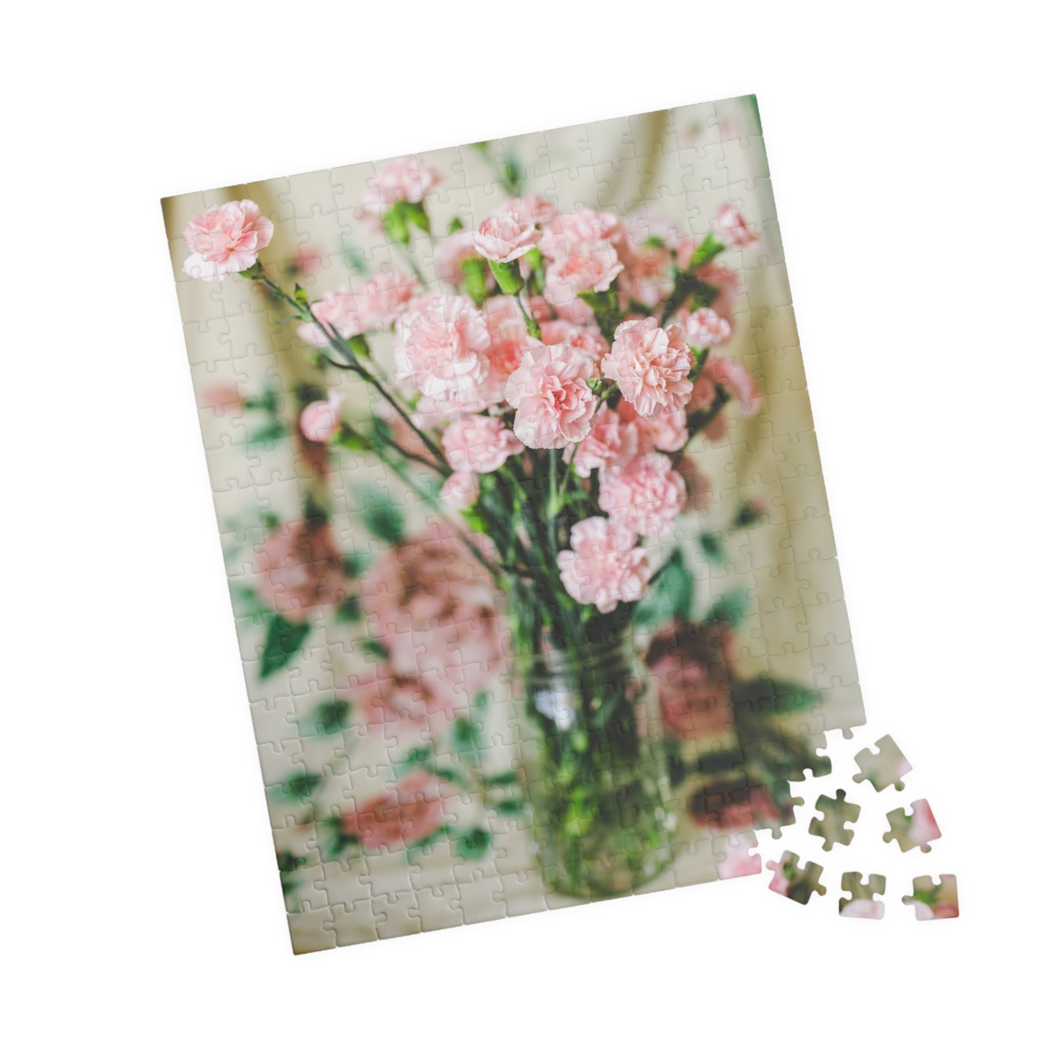 Pink Carnation Flower Puzzle: Original Photograph of Small Pink Flowers on Vintage Aesthetic Blanket, Floral Cottagecore Gift for Daughter - Opal and June