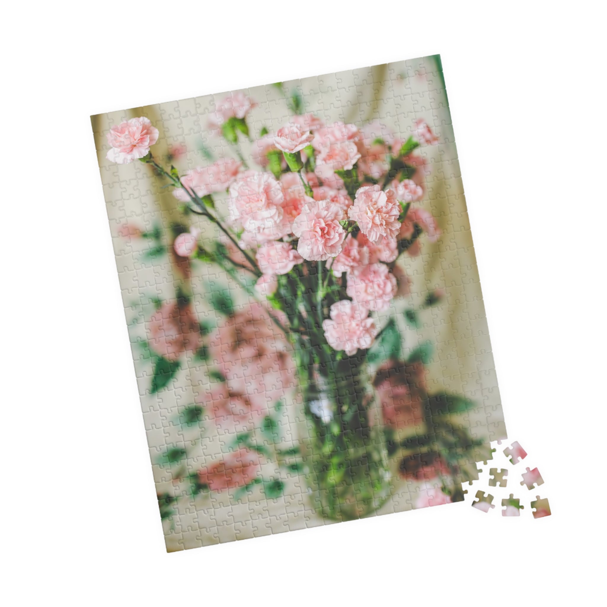 Pink Carnation Flower Puzzle: Original Photograph of Small Pink Flowers on Vintage Aesthetic Blanket, Floral Cottagecore Gift for Daughter - Opal and June