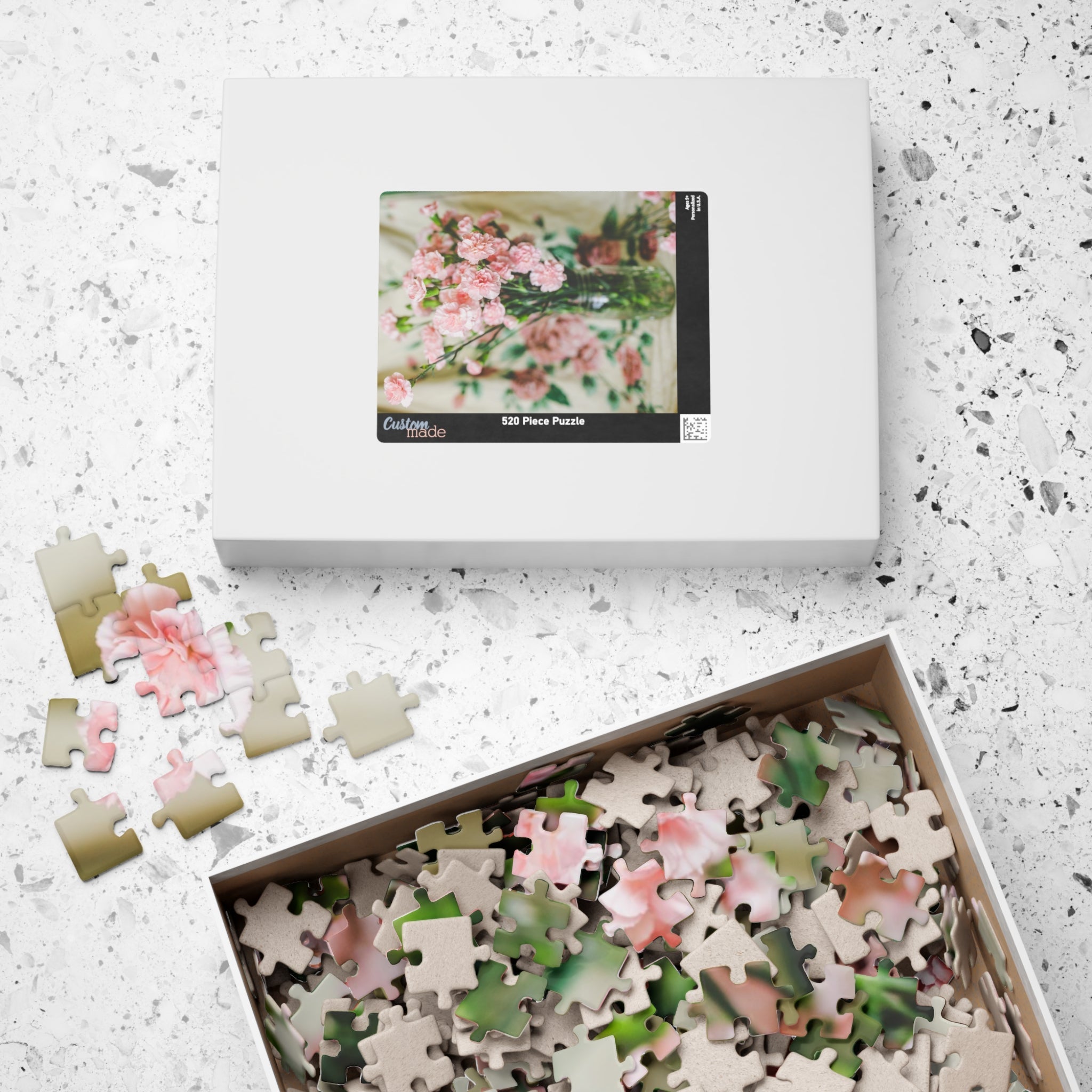 Pink Carnation Flower Puzzle: Original Photograph of Small Pink Flowers on Vintage Aesthetic Blanket, Floral Cottagecore Gift for Daughter - Opal and June