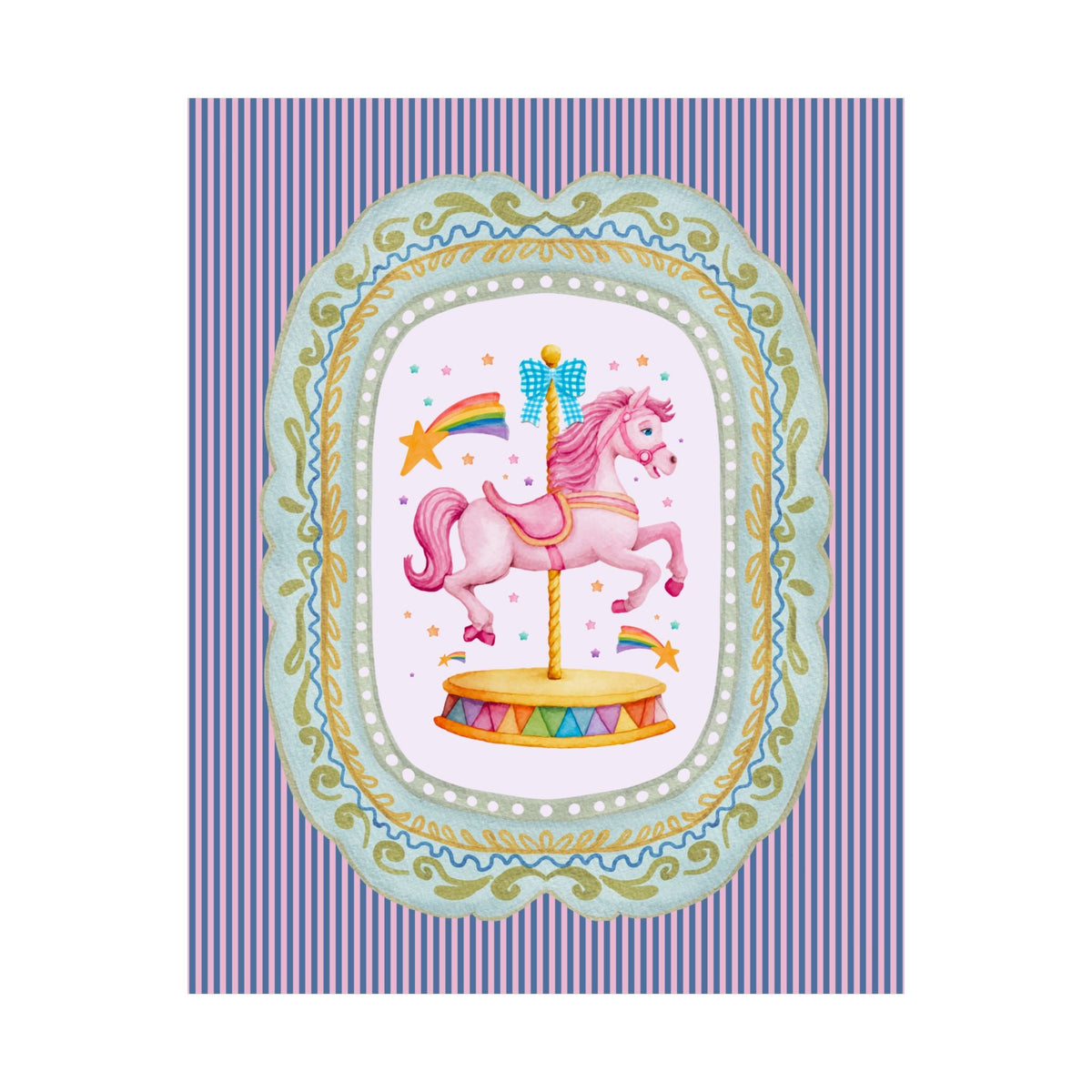Pink Horse Carousel Animal Lover Poster with Rainbows and Shooting Stars, Funny Colorful Maximalist Horse Lover Print - Opal and June