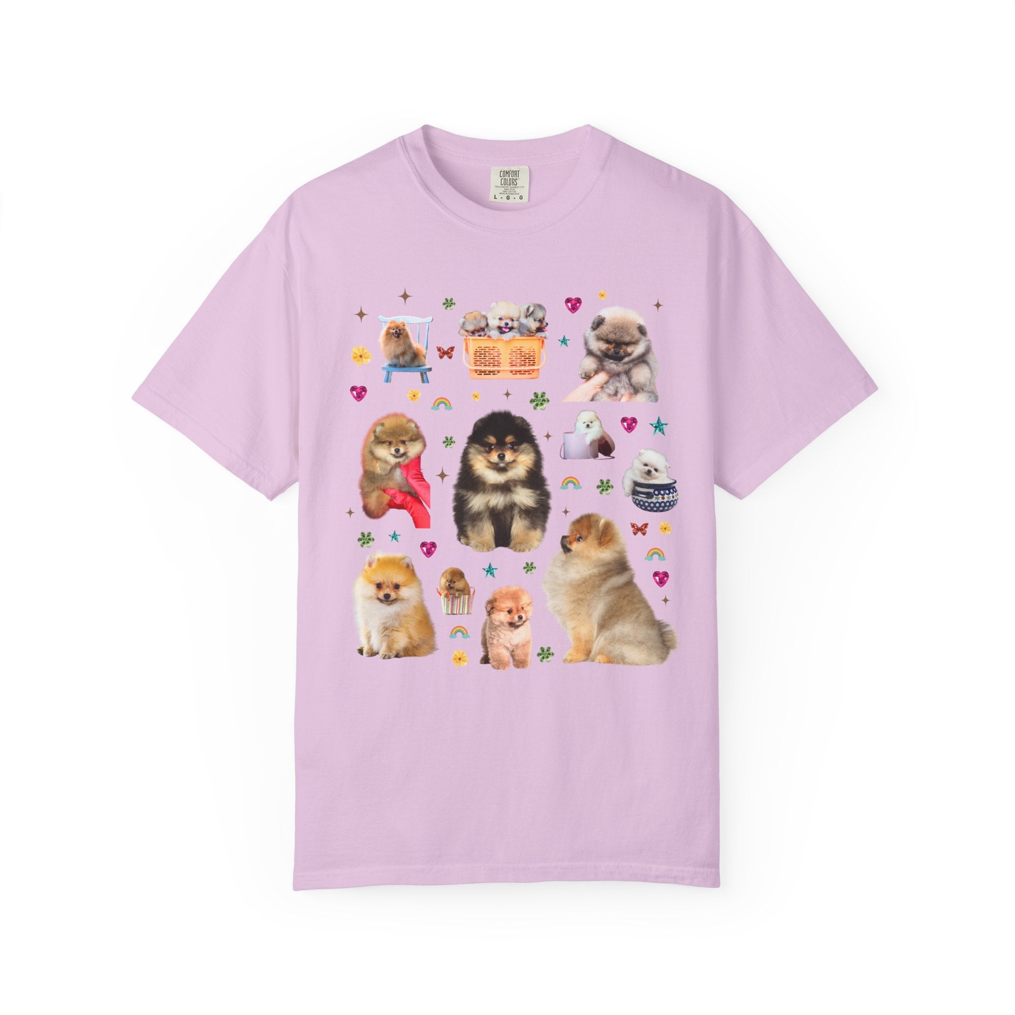 Pomeranian Puppy Lover Tee Shirt with Flowers and Hearts, Funny Animal Lover 90s Vibe Tee for Dog Owner or Friend Who Loves Pomeranians - Opal and June