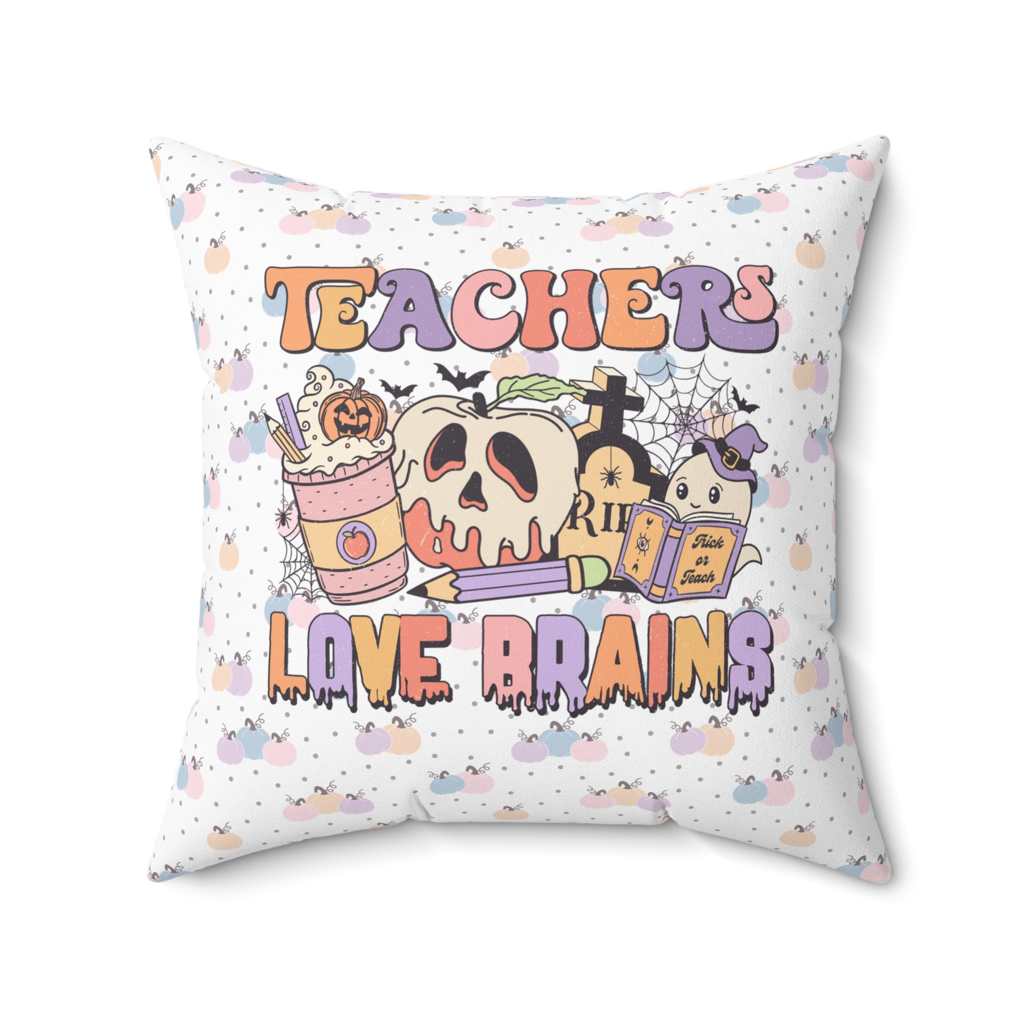 Preppy Teacher Pillow, Spooky Season: Teachers Love Brains, Colorful Pastel Goth Halloween Pillow for Fall with Pumpkins, Cute Throw Pillow - Opal and June